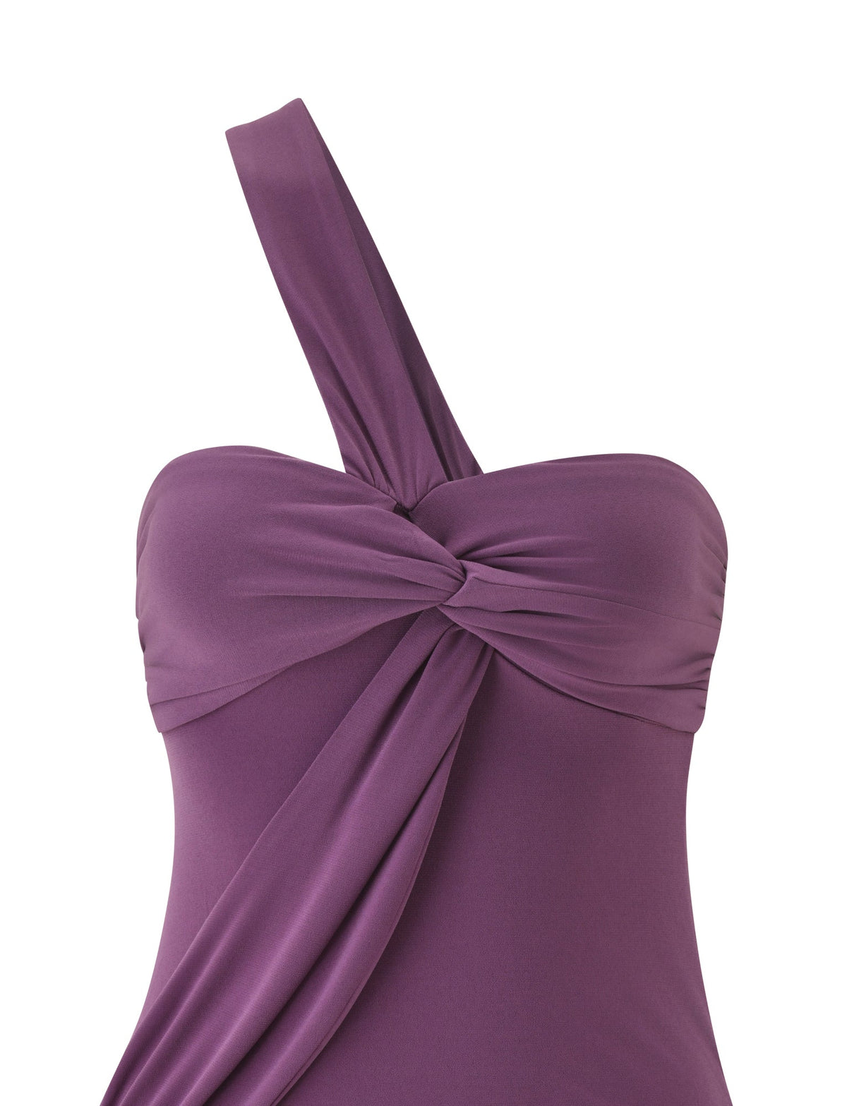 The MAIZY MINI DRESS - PLUM by TIGERMIST showcases a chic one-shoulder silhouette with a twisted knot accent at the bust and gracefully draped fabric cascading from the knot.