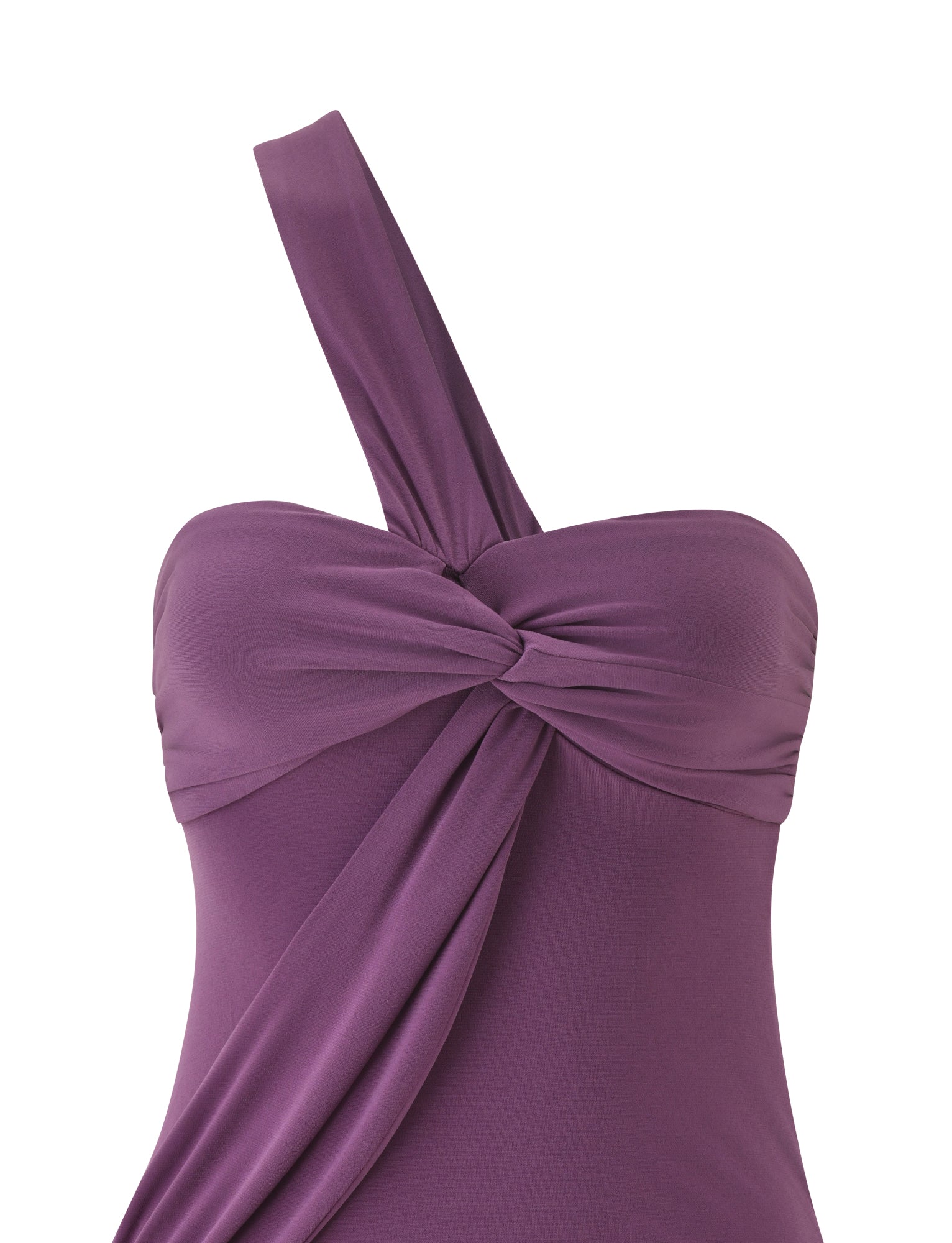 The MAIZY MINI DRESS - PLUM by TIGERMIST showcases a chic one-shoulder silhouette with a twisted knot accent at the bust and gracefully draped fabric cascading from the knot.