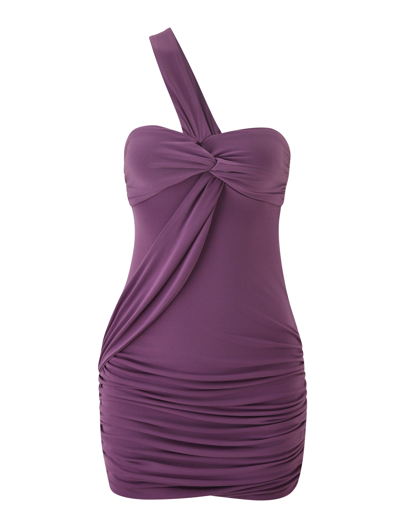 The MAIZY MINI DRESS - PLUM by TIGERMIST is a purple, one-shoulder mini dress featuring a sleeveless design, ruched mini skirt, twist detail at the bust, and draped fabric across the front.