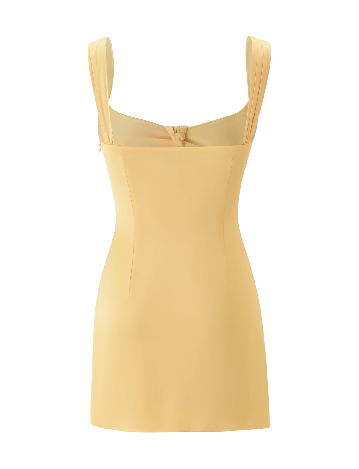 Back view of the TIGERMIST STAV MINI DRESS in butter yellow—a sleeveless, fitted mini dress featuring thick shoulder straps and a subtle knot detail at the upper back, making it an elegant choice for garden parties or sunny gatherings.