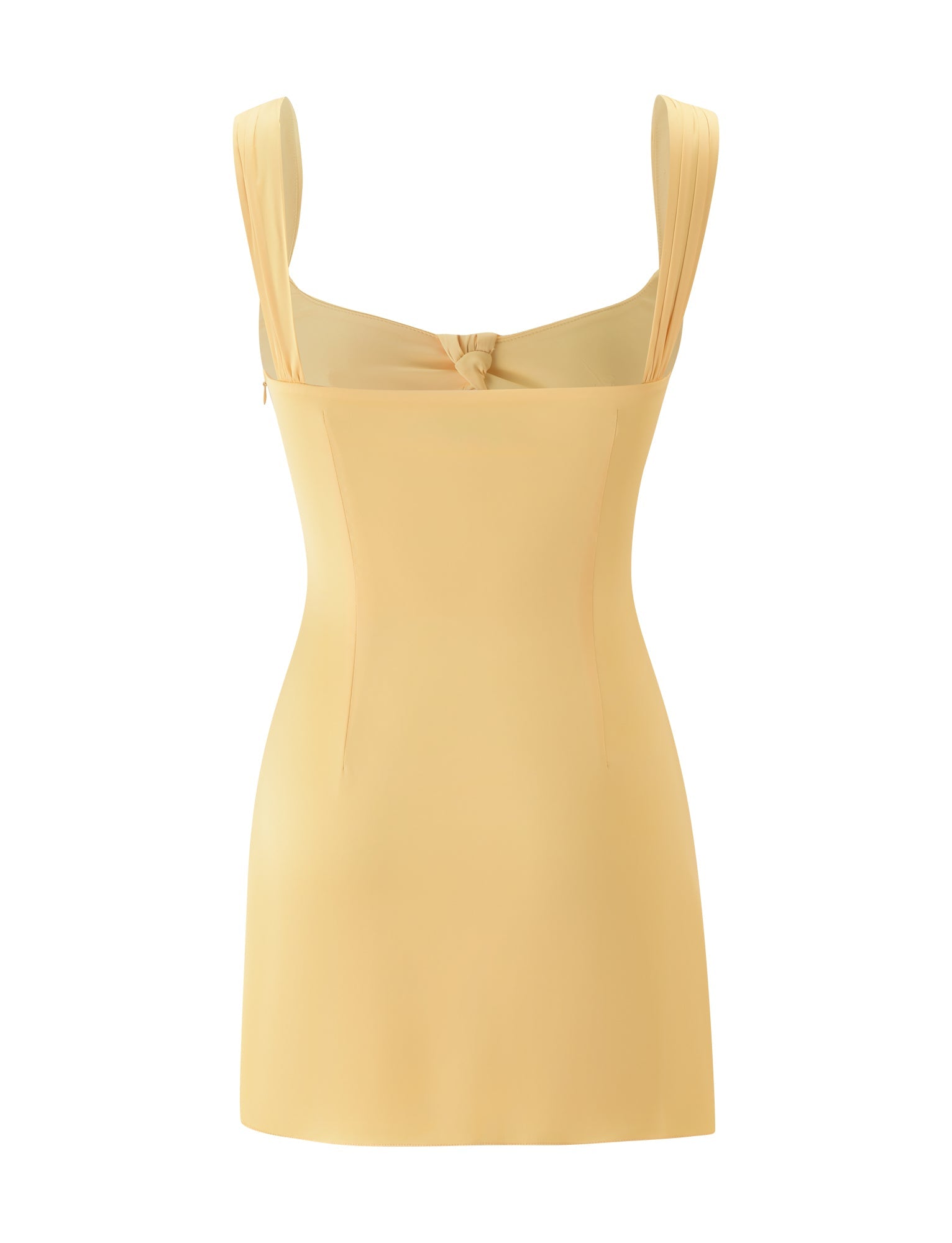 Back view of the TIGERMIST STAV MINI DRESS in butter yellow—a sleeveless, fitted mini dress featuring thick shoulder straps and a subtle knot detail at the upper back, making it an elegant choice for garden parties or sunny gatherings.