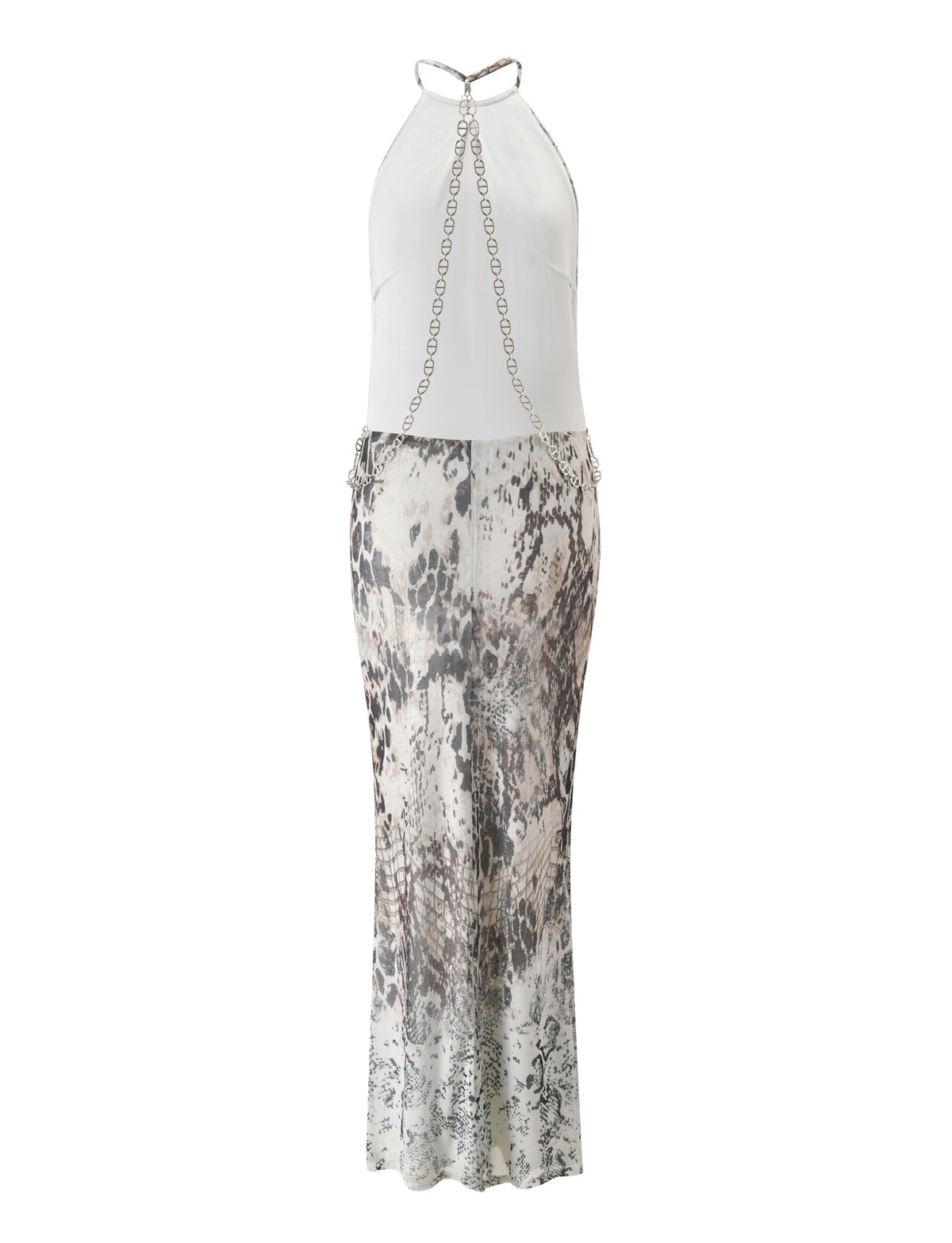 The ZALIE MAXI DRESS - SNAKE PRINT by TIGERMIST features a long halter-neck silhouette with a white top, metallic chain straps, and a flowy skirt adorned with a black and gray snakeskin print. This striking dress is displayed on a plain white background.