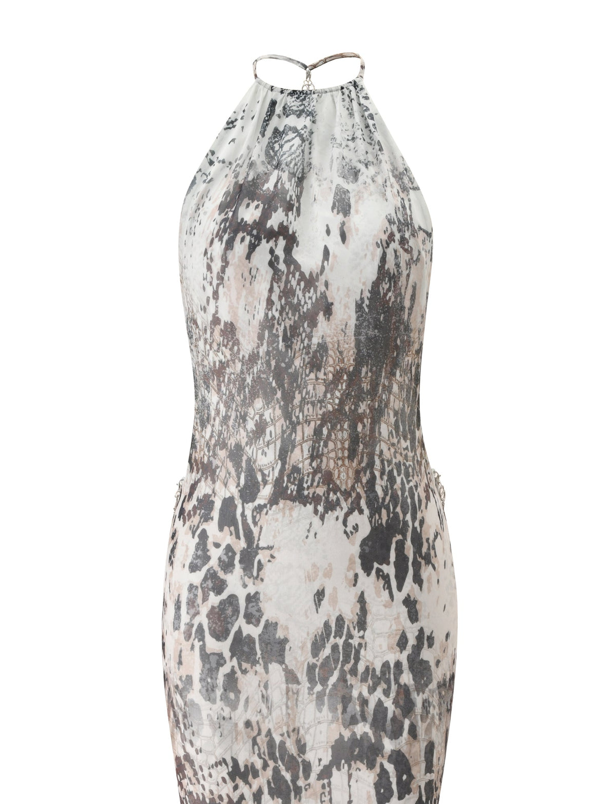 The ZALIE MAXI DRESS - SNAKE PRINT by TIGERMIST features a sleek sleeveless halter neckline and thin straps, showcasing a chic gray, black, and white abstract snakeskin print. With its fitted silhouette, this modern maxi dress is perfect for creating a stylish and contemporary look.