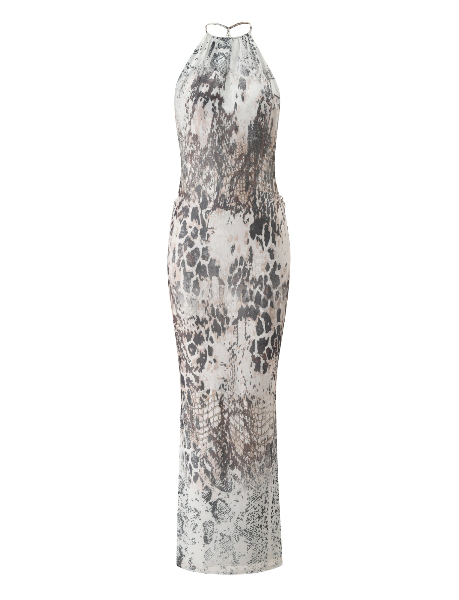 Make a chic statement in the ZALIE MAXI DRESS - SNAKE PRINT by TIGERMIST—a sleeveless, form-fitting dress featuring a high neckline and an all-over gray and black snakeskin pattern.