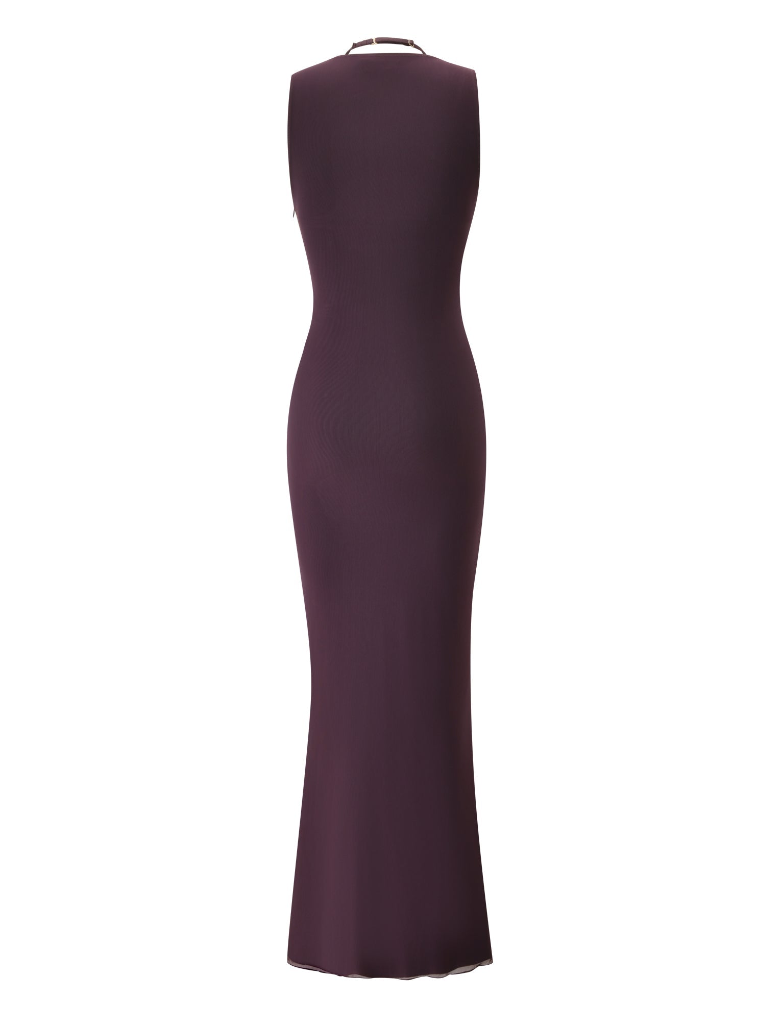 The NOEMI MAXI DRESS by TIGERMIST is a sleeveless, floor-length formal gown in deep plum, showcased from the back with a fitted silhouette, smooth seamless construction, and an elegant draped cowl neckline.