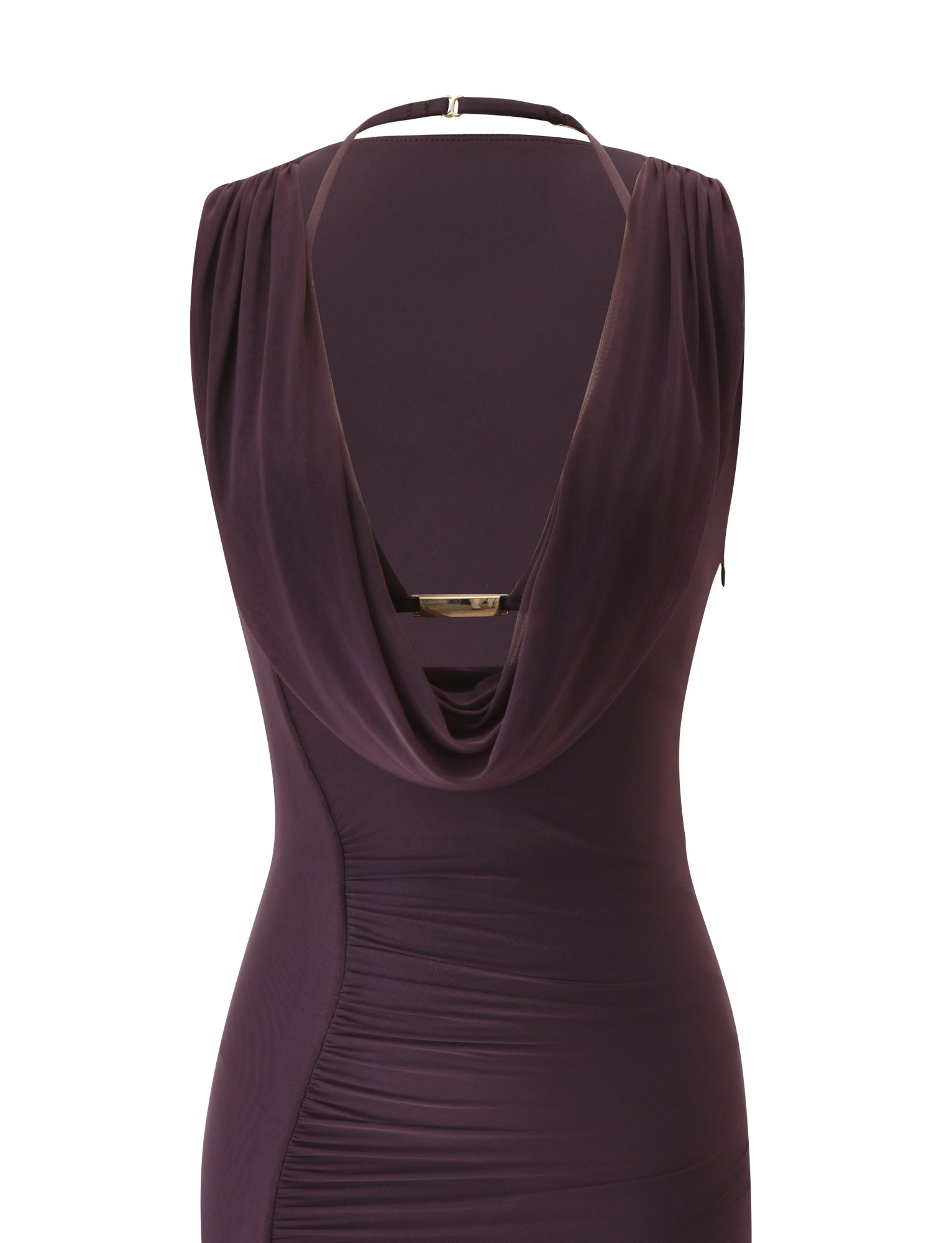The TIGERMIST NOEMI MAXI DRESS in Deep Plum is a sleeveless formal gown with a draped cowl neckline, a low-cut back, and a delicate thin strap across the upper back, shown on a white background.