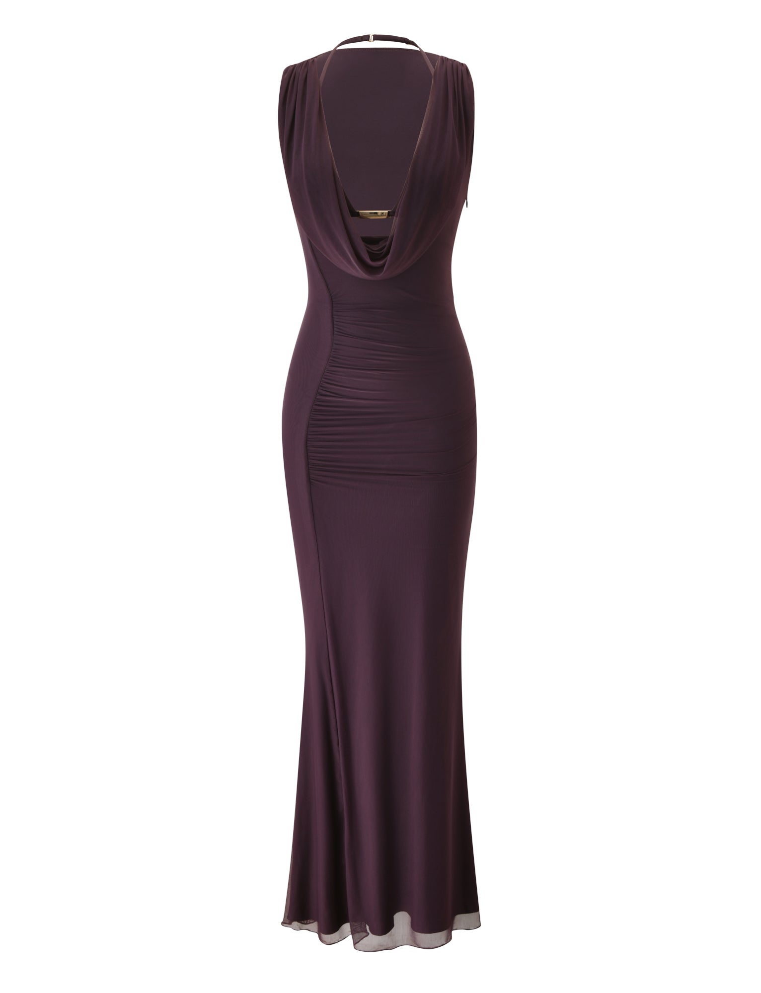 The NOEMI MAXI DRESS by TIGERMIST is a sleeveless, floor-length formal gown in deep plum, featuring a draped cowl back and a fitted waist, displayed against a white background.