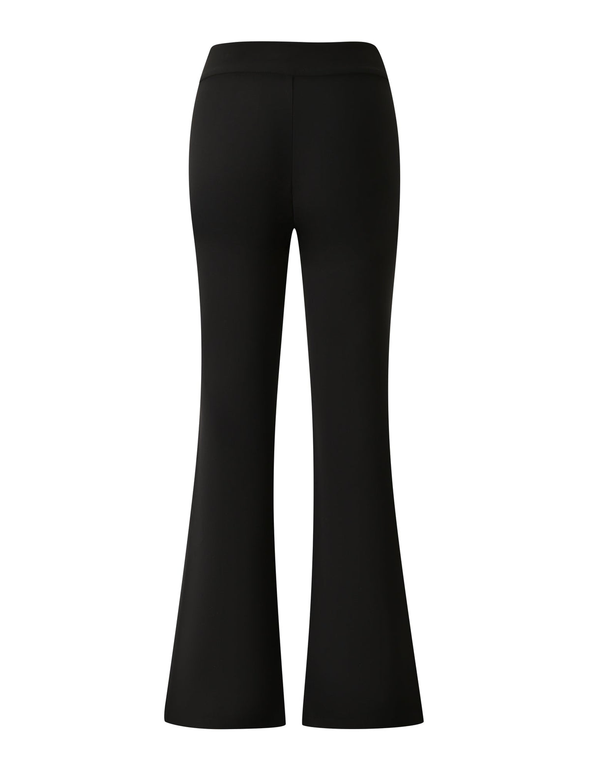 The JETTA PANT - BLACK by TIGERMIST is displayed from the back against a white background. These pants feature a fitted waist and hips with wide bell-bottom legs, highlighting their timeless flared silhouette. The design is sleek, with no visible pockets or embellishments.