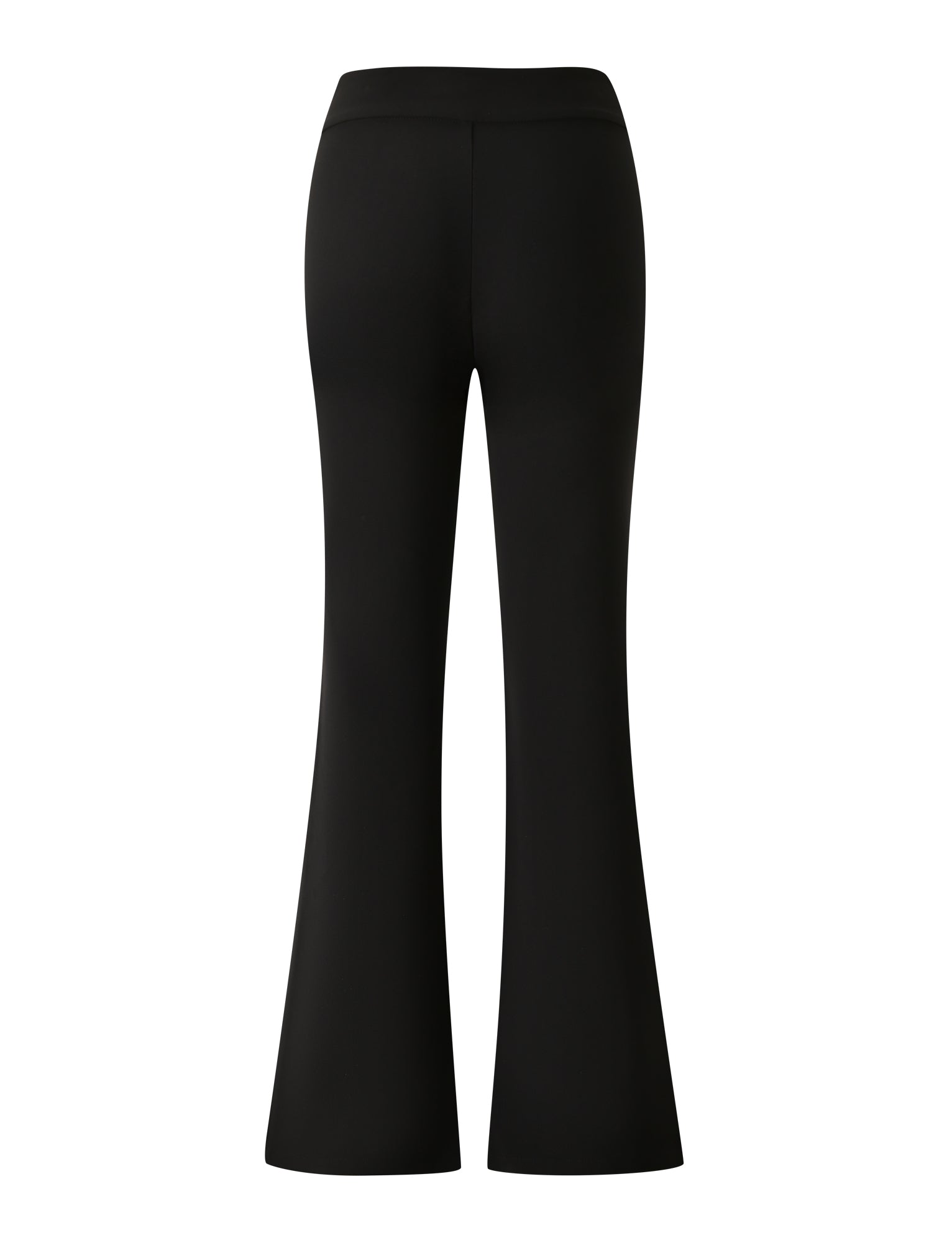 The JETTA PANT - BLACK by TIGERMIST is displayed from the back against a white background. These pants feature a fitted waist and hips with wide bell-bottom legs, highlighting their timeless flared silhouette. The design is sleek, with no visible pockets or embellishments.