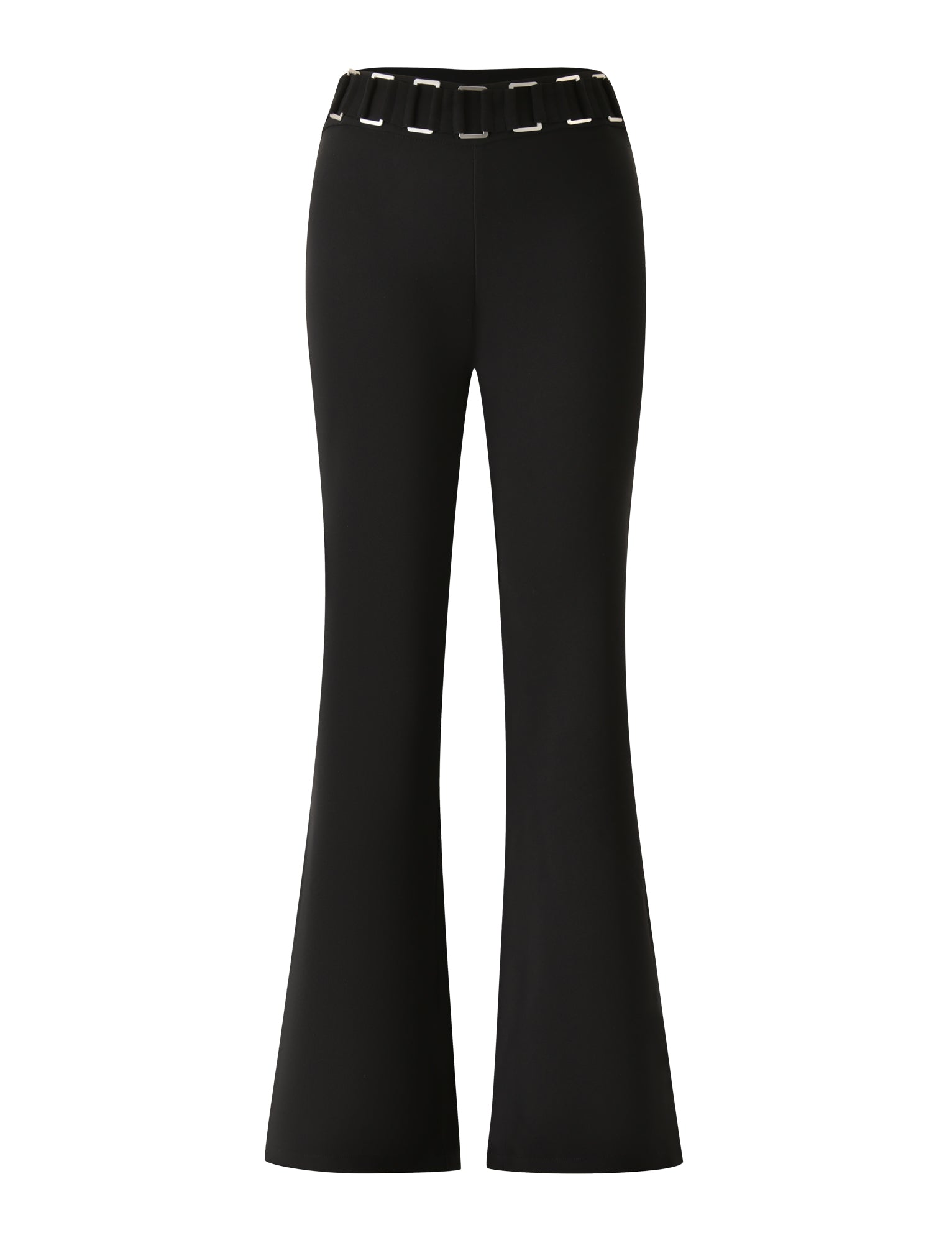 The JETTA PANT - BLACK by TIGERMIST features a high-waisted, flared silhouette with a bold silver rectangular buckle waistband adorning the top. These black pants are showcased against a plain white background.