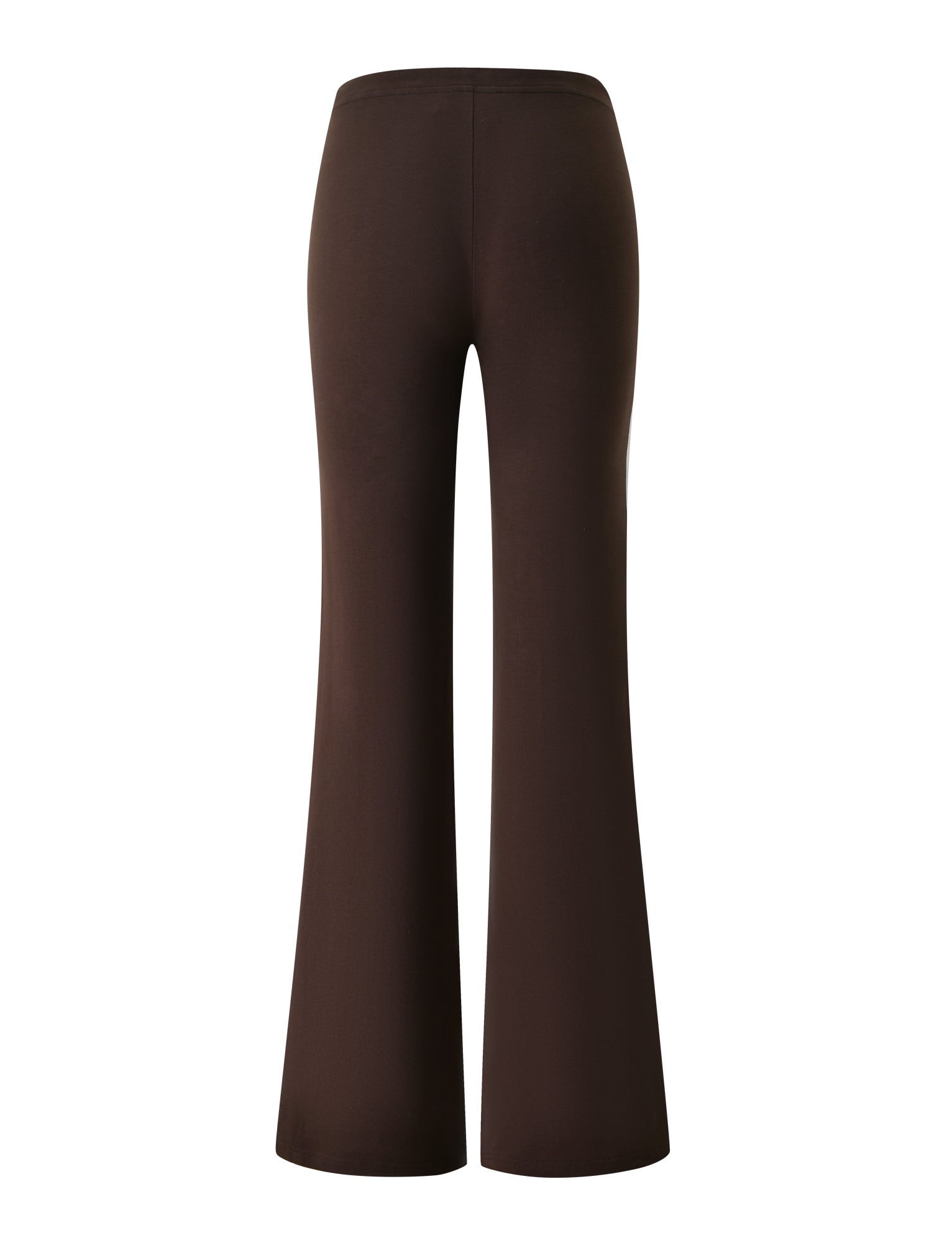 Back view of the TIGERMIST COLLINS TRACKPANT - CHOCOLATE STRIPE, featuring flared legs and a smooth, fitted silhouette on a white background. These stylish dark brown trackpants have wide legs and a sleek, modern design.