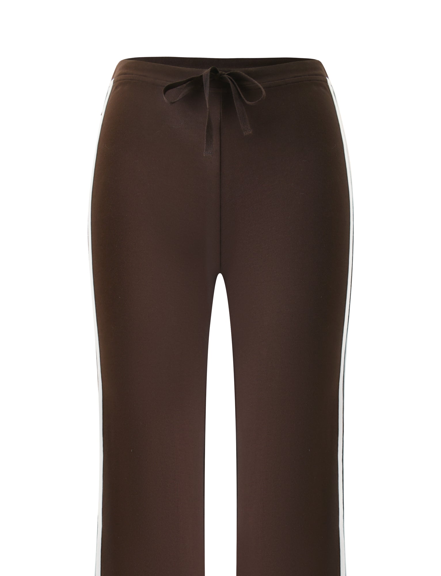 The COLLINS TRACKPANT - CHOCOLATE STRIPE by TIGERMIST features a low rise waist and a drawstring, accented with crisp white stripes down the sides and finished with a classic flared leg silhouette, displayed on a plain white background.