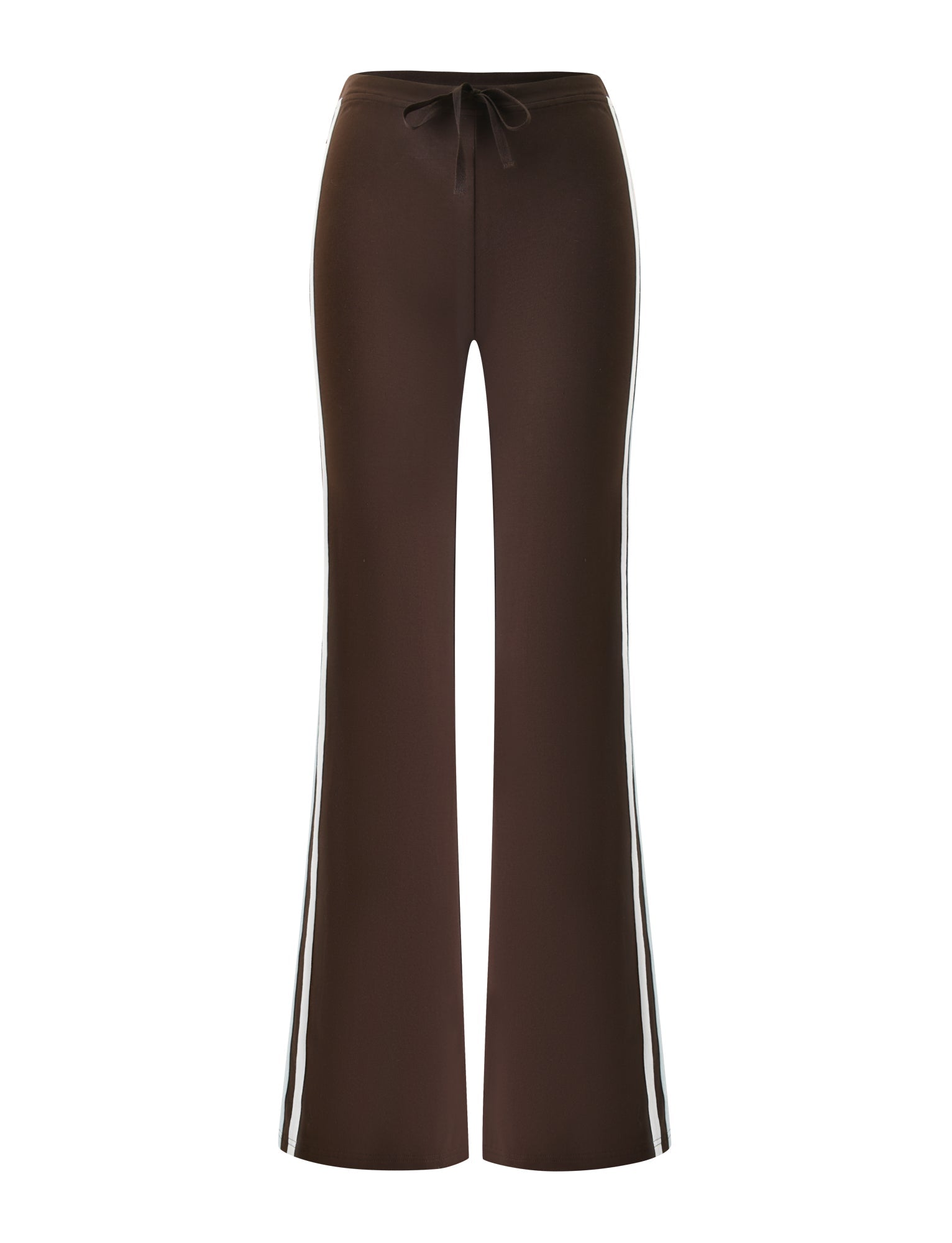 The COLLINS TRACKPANT - CHOCOLATE STRIPE by TIGERMIST features a high-waisted, flared leg design with a drawstring waist and white side stripes, shown against a white background.