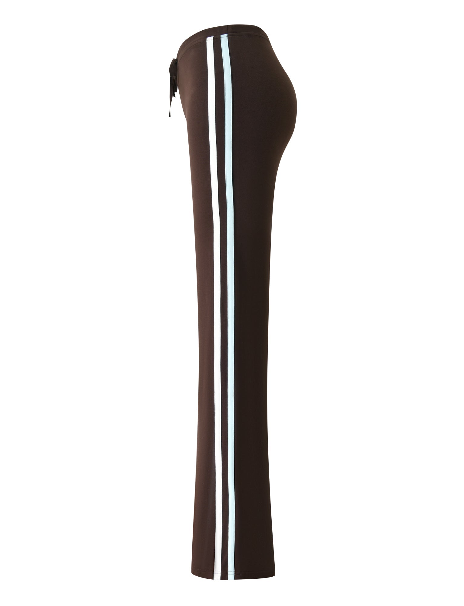 The TIGERMIST COLLINS TRACKPANT - CHOCOLATE STRIPE is a pair of high-waisted brown trackpants featuring a flared leg silhouette and two vertical white stripes along the sides. The pants are displayed from a side view against a white background.