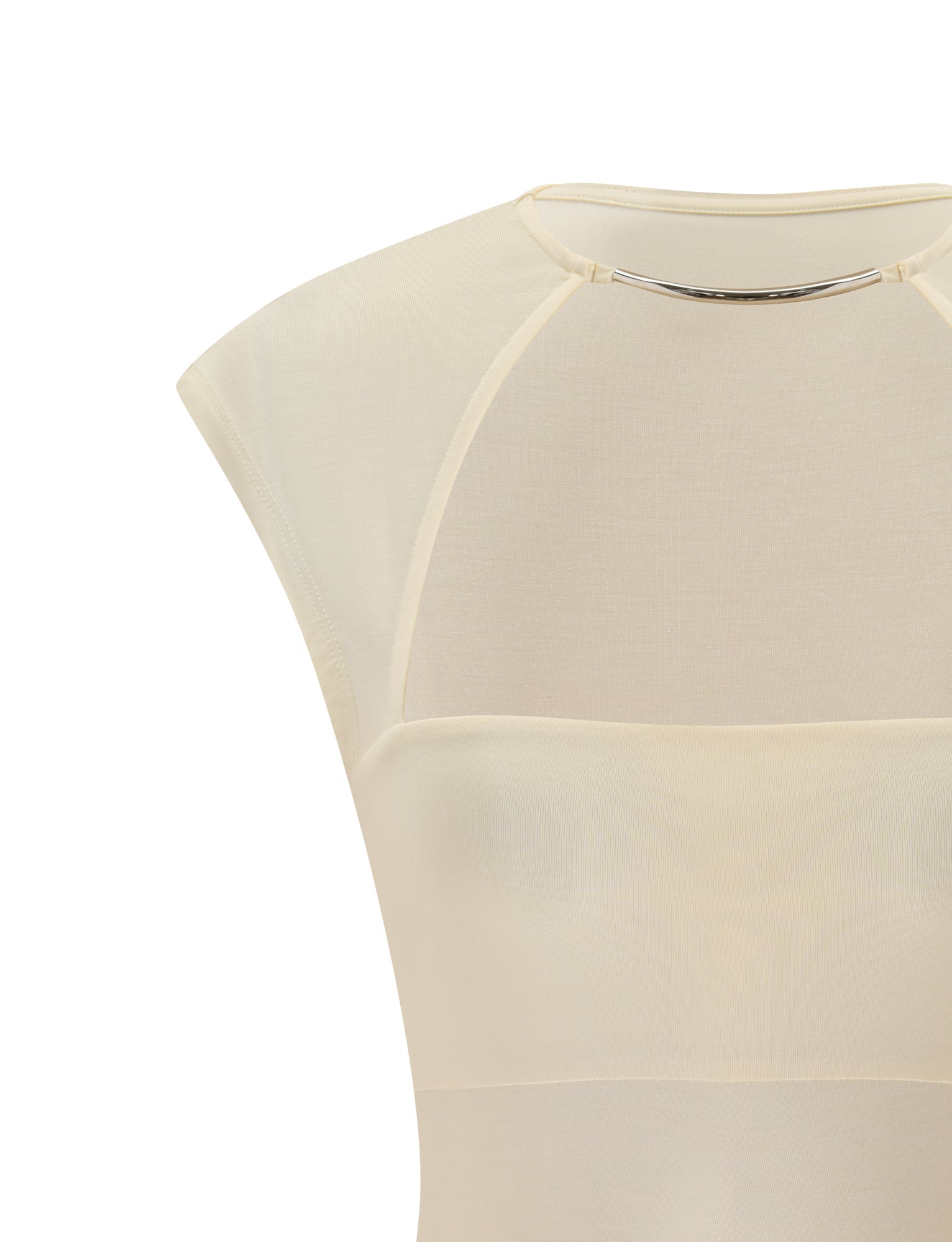 Close-up of the TIGERMIST REYA TOP in cream, a sleeveless top with a sheer overlay and thin metallic neck detail, showcasing a subtle square neckline accented by silver bar hardware. Only the upper part of the REYA TOP is visible against a plain white background.