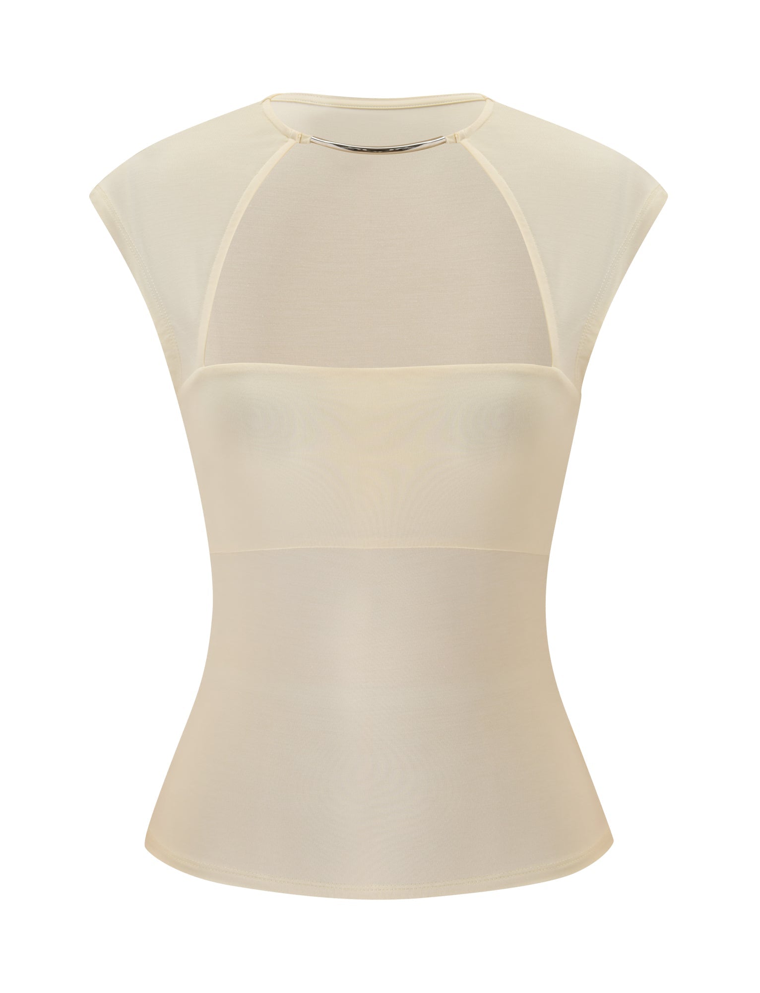 Introducing the REYA TOP - CREAM by TIGERMIST: a minimalist, cream-colored mesh top featuring short sleeves, a high neckline, and a fitted waist. This sheer style is accented with subtle panel detailing and finished with elegant silver bar hardware for a modern edge.