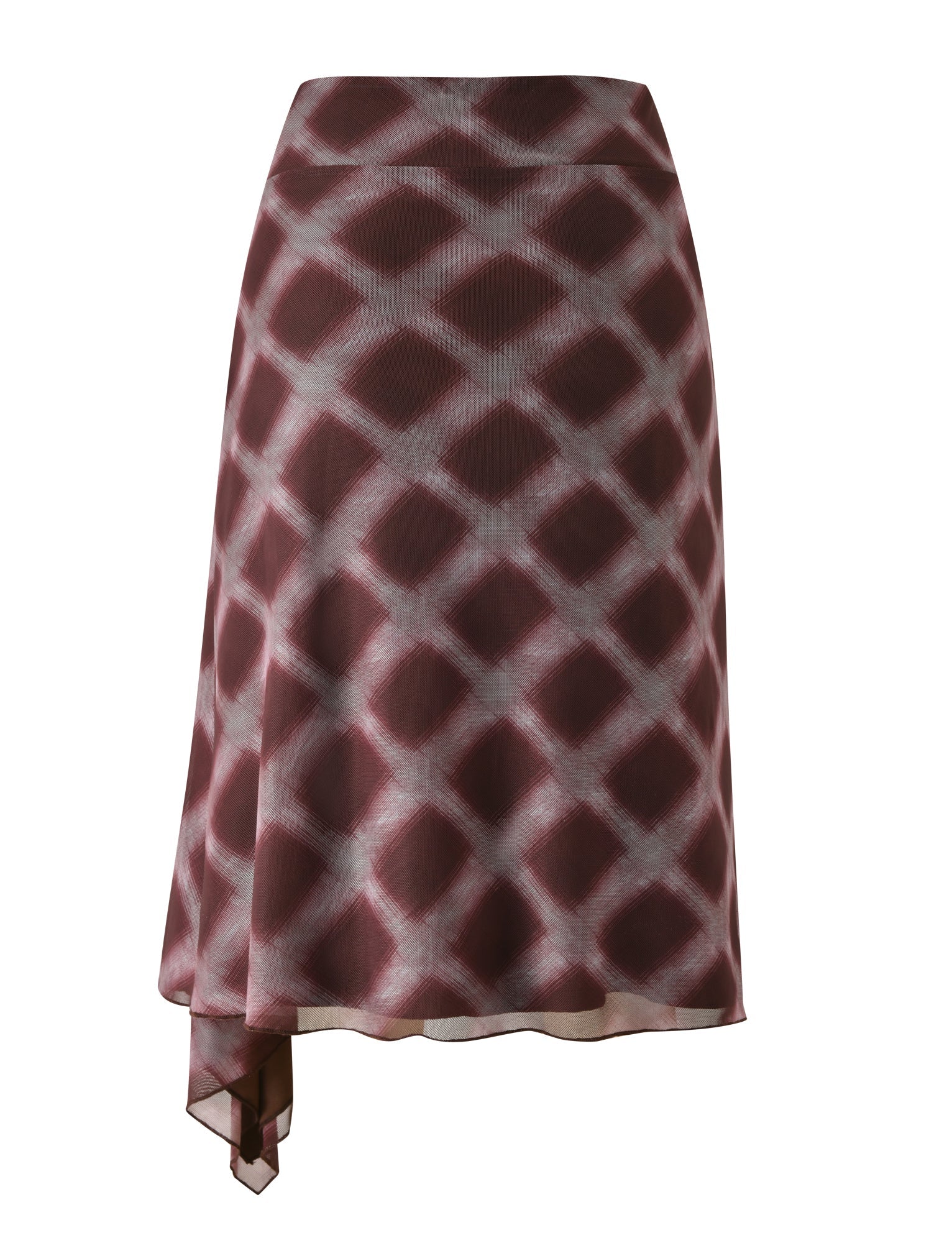 The SAFFRON MIDI SKIRT - MAHOGANY CHECK by TIGERMIST features an asymmetrical, flowy silhouette with a pointed hem on one side and a maroon and white checkered pattern, reminiscent of the unique design seen in low-waisted midi skirts.