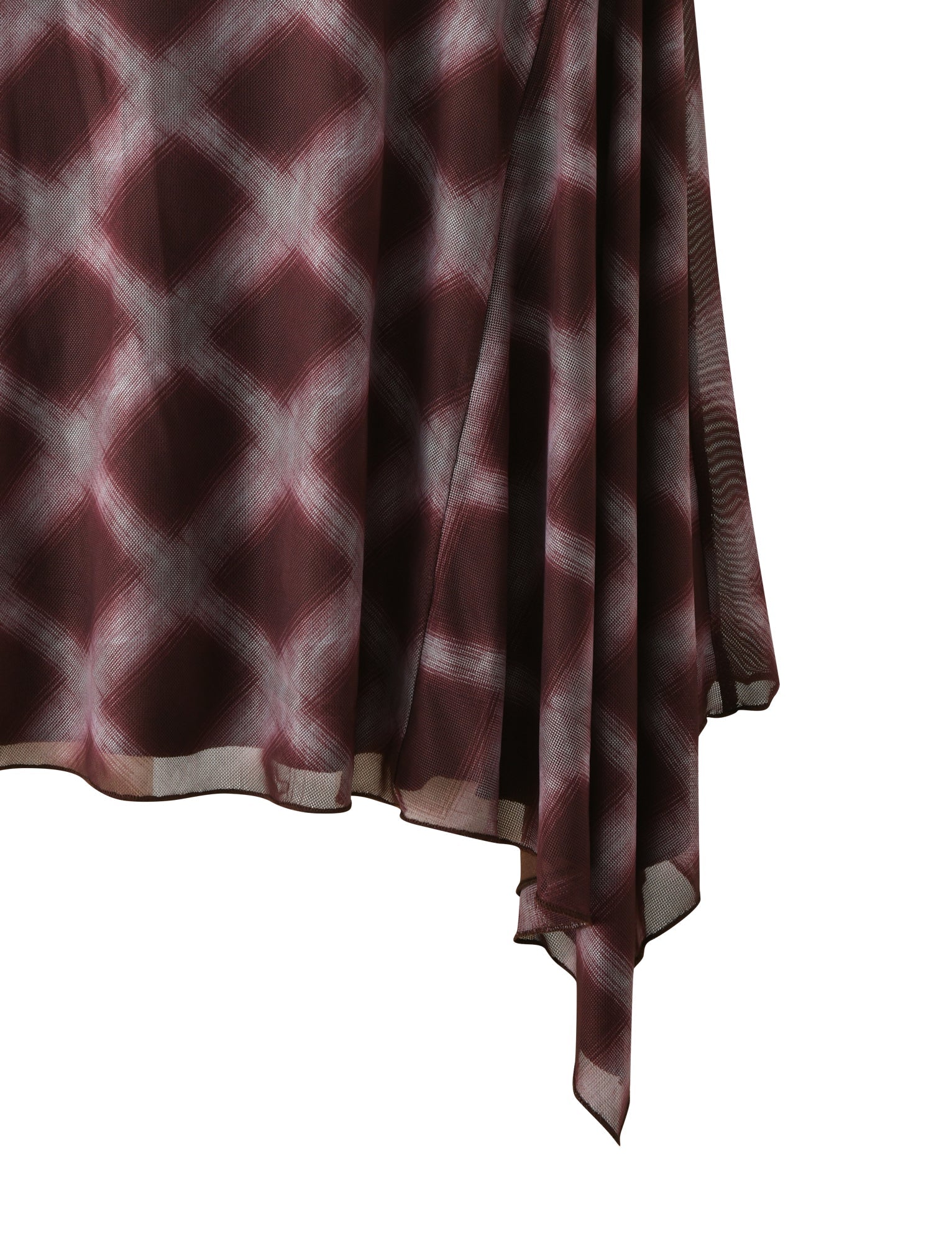 A close-up of the TIGERMIST SAFFRON MIDI SKIRT in Mahogany Check, featuring maroon and white plaid fabric with an asymmetrical, pointed hem and a stylish low-waisted silhouette.