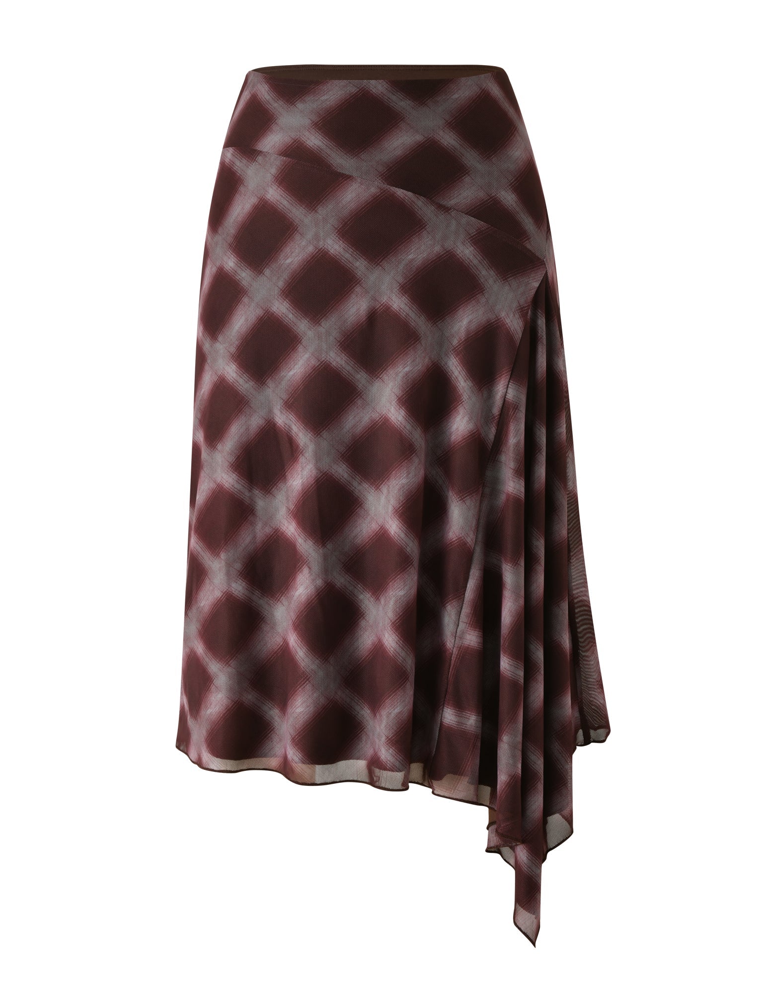 The SAFFRON MIDI SKIRT - MAHOGANY CHECK by TIGERMIST is a knee-length, asymmetrical skirt featuring a maroon and white check pattern with a draped detail on one side, inspired by timeless classic styles.