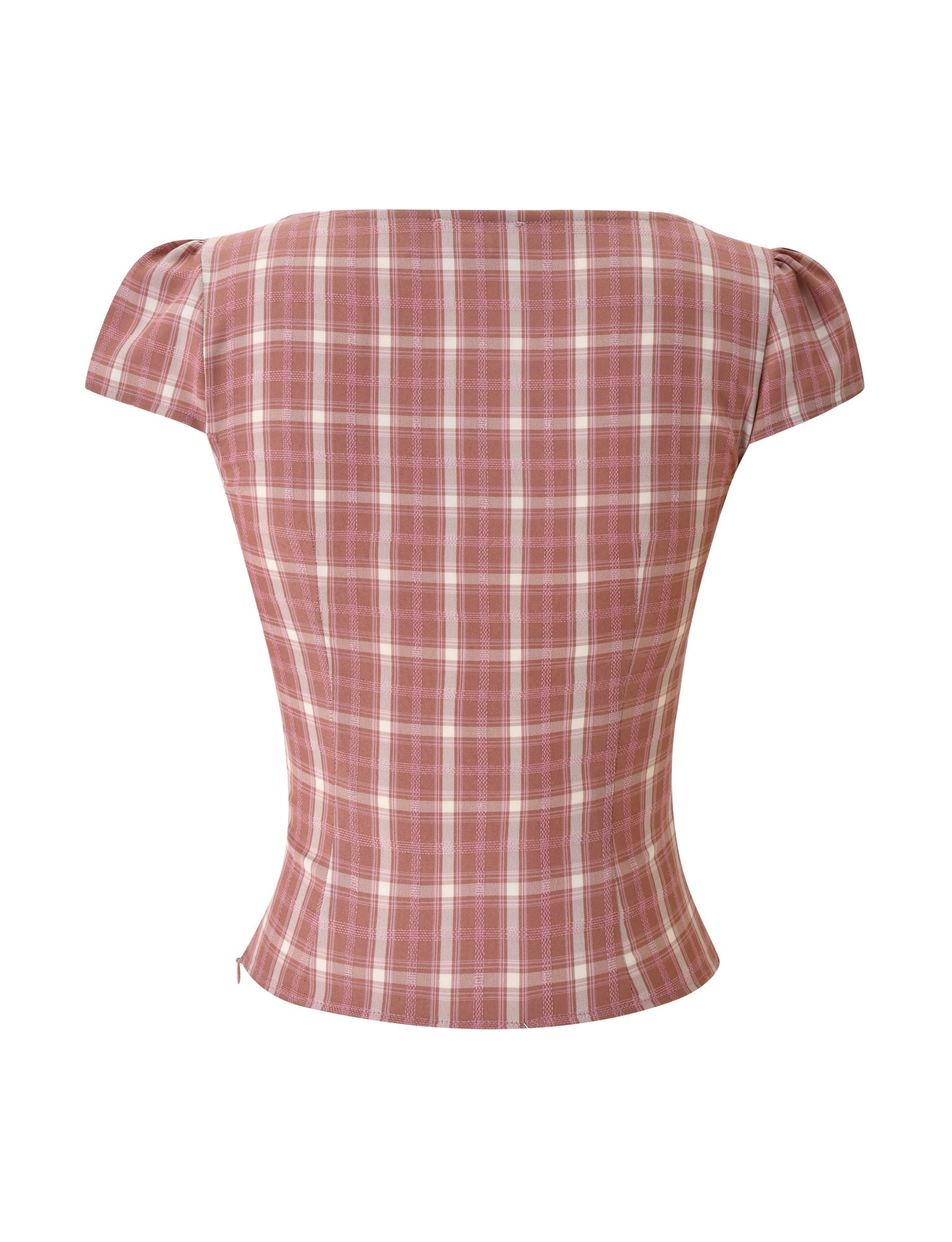 The MIKA TOP - PINK PLAID by TIGERMIST is a chic pink and white plaid short-sleeve top with a fitted waist and boat neckline, shown from the back on a plain white background. This stylish design features subtle puff sleeves for a touch of feminine elegance.