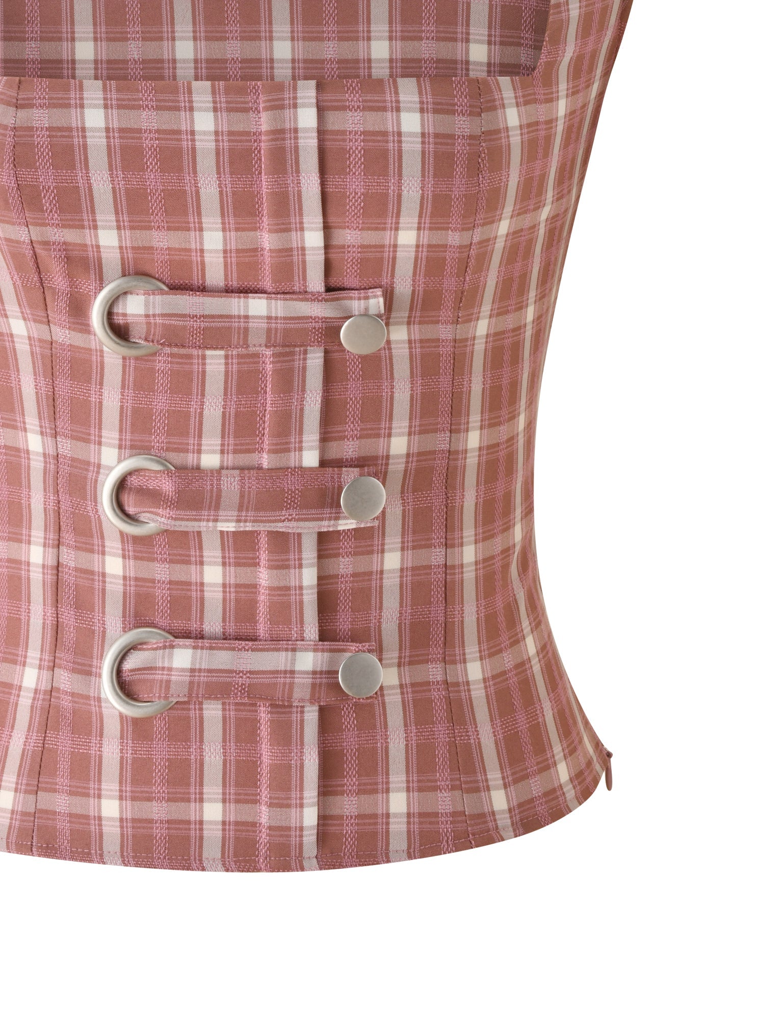 The MIKA TOP - PINK PLAID by TIGERMIST features a pink and white plaid pattern, square neckline, silver button accents, and horizontal strap detailing on the front. Displayed against a white background, this playful corset-style top is perfect for adding a fun twist to your wardrobe.
