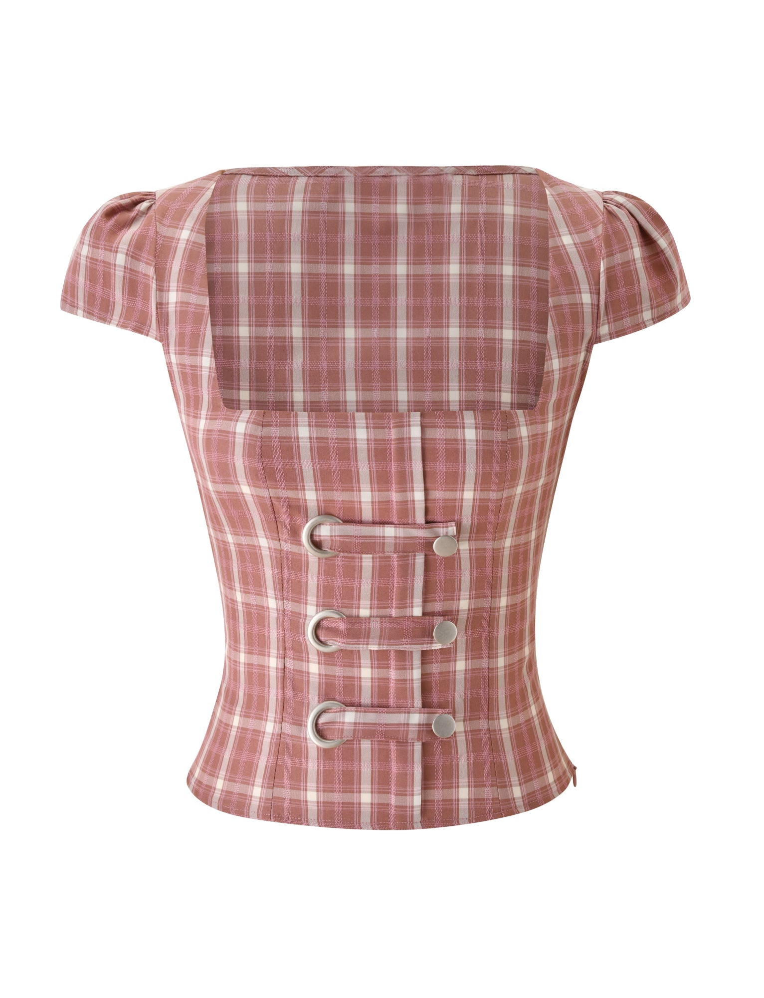 The MIKA TOP by TIGERMIST features pink plaid fabric, short puff sleeves, a square neckline, a fitted waist, and four silver buckle closures on the front.
