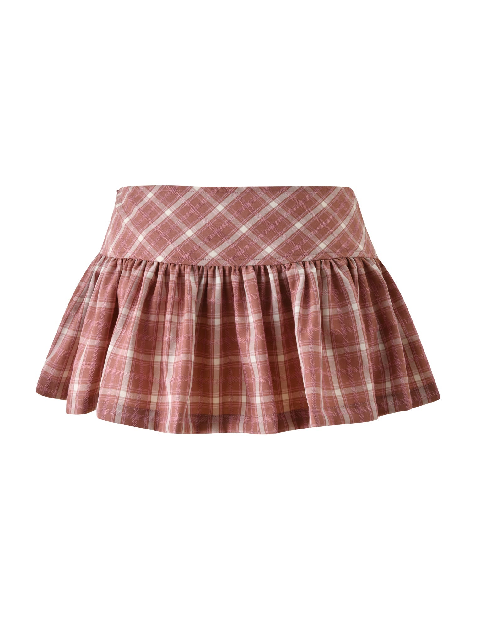Introducing the MIKA SKORT - PINK PLAID by TIGERMIST: a short, pleated mini skort in a delightful pink and white plaid pattern. The wide waistband presents a diagonal plaid design, while the skirt portion highlights vertical and horizontal lines, adding a playful vibe to this stylish piece.
