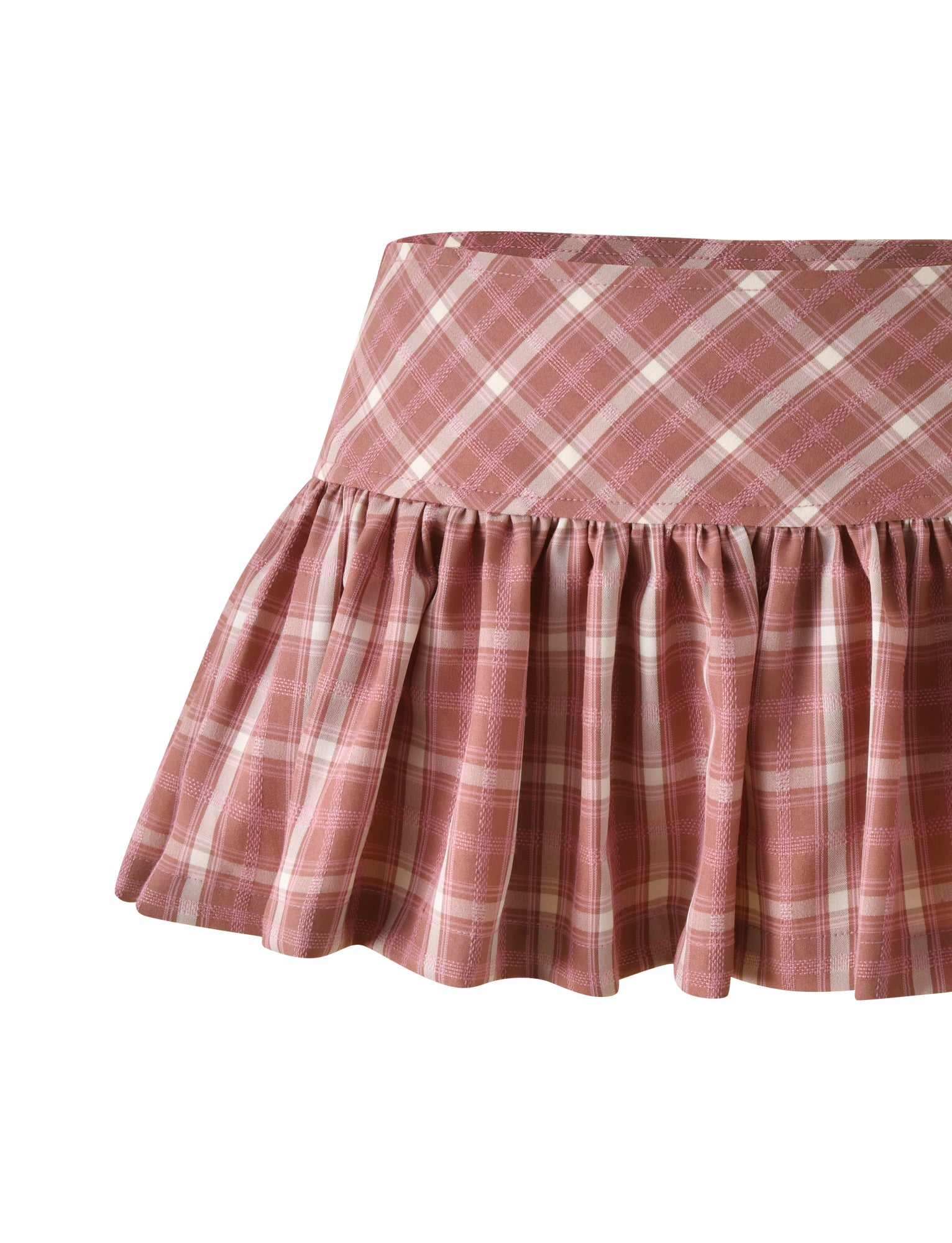 The TIGERMIST MIKA SKORT in pink plaid features a pleated bottom and a wide waistband, displayed against a white background.