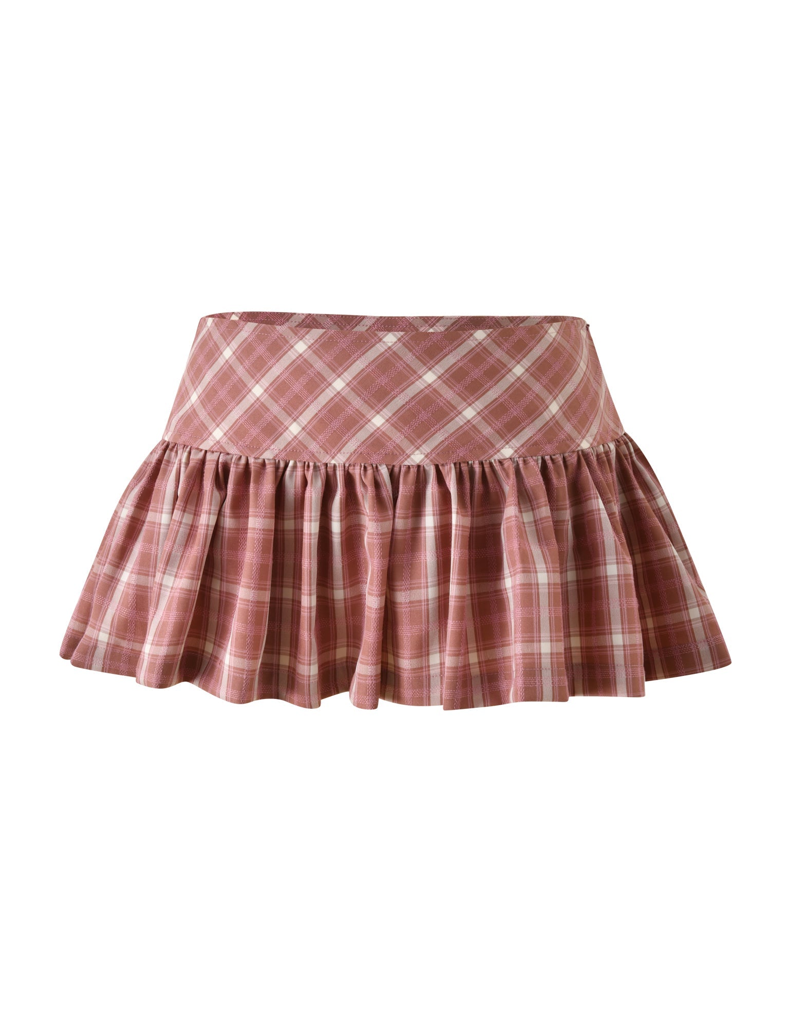 The MIKA SKORT - PINK PLAID by TIGERMIST showcases a playful pink plaid with a white checkered pattern, featuring a pleated, flared A-line silhouette and a fitted waistband. Set against a plain white background, this skort blends classic charm with modern sophistication.