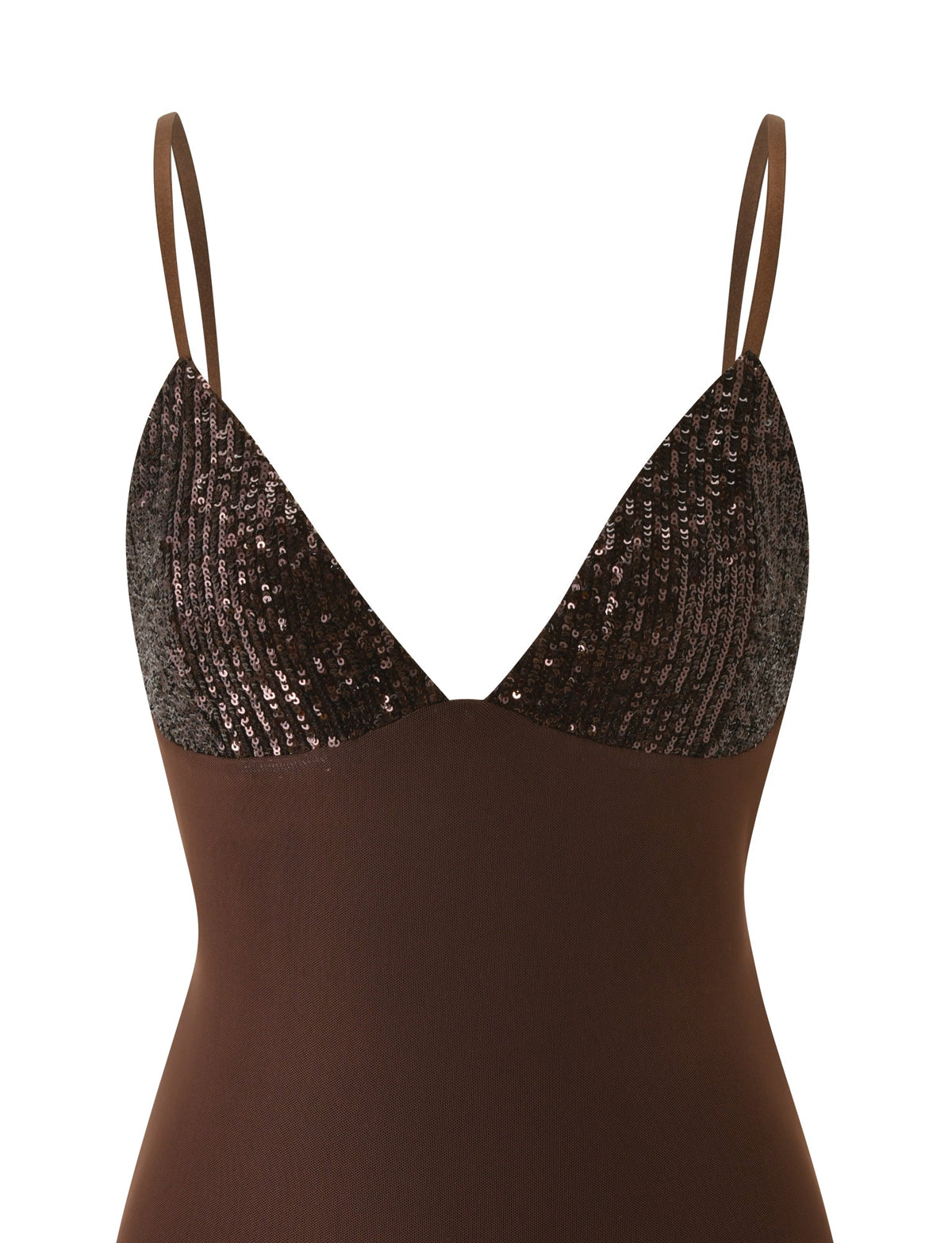 The SYLA MINI DRESS by TIGERMIST is a chocolate bodycon mini dress with thin straps and a daring deep V-neckline, featuring sequin bust cups for added textured shine and an alluring open back.