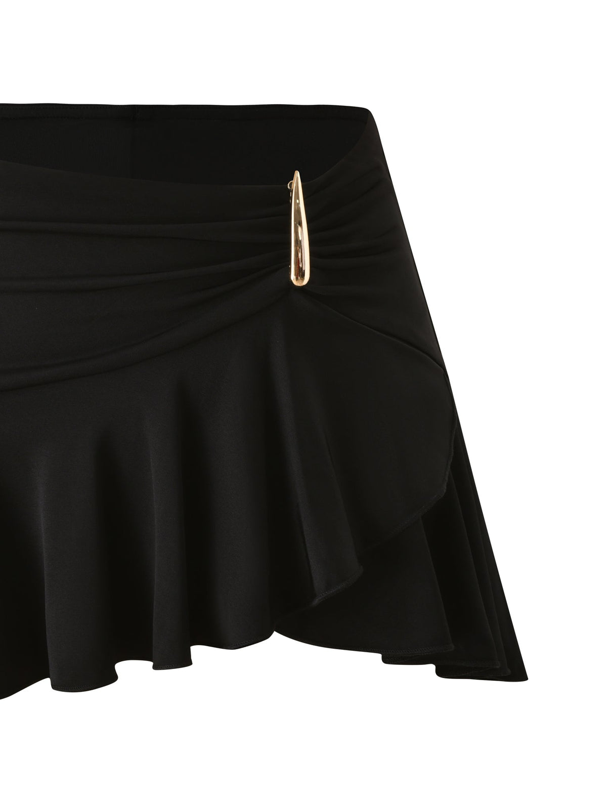 The SOLIA MINI SKIRT by TIGERMIST is a black mini skirt with a ruffled hem, gathered fabric at the waist, and a gold safety pin detail on one side.