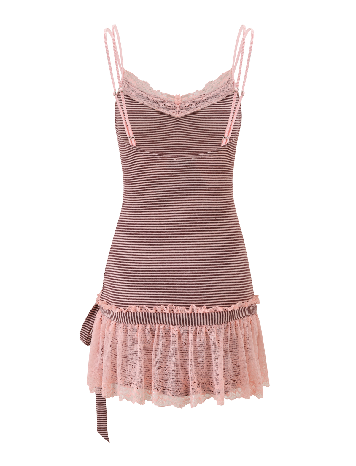The CELIA MINI DRESS by TIGERMIST features pink and brown stripes, thin straps, scalloped lace at the neckline, a ruffled lace hem, and a side bow—an ideal summer addition.