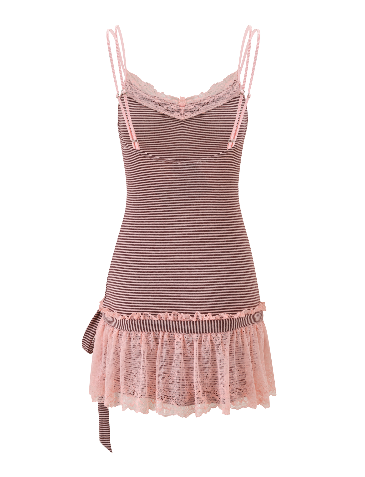 The CELIA MINI DRESS by TIGERMIST features pink and brown stripes, thin straps, scalloped lace at the neckline, a ruffled lace hem, and a side bow—an ideal summer addition.