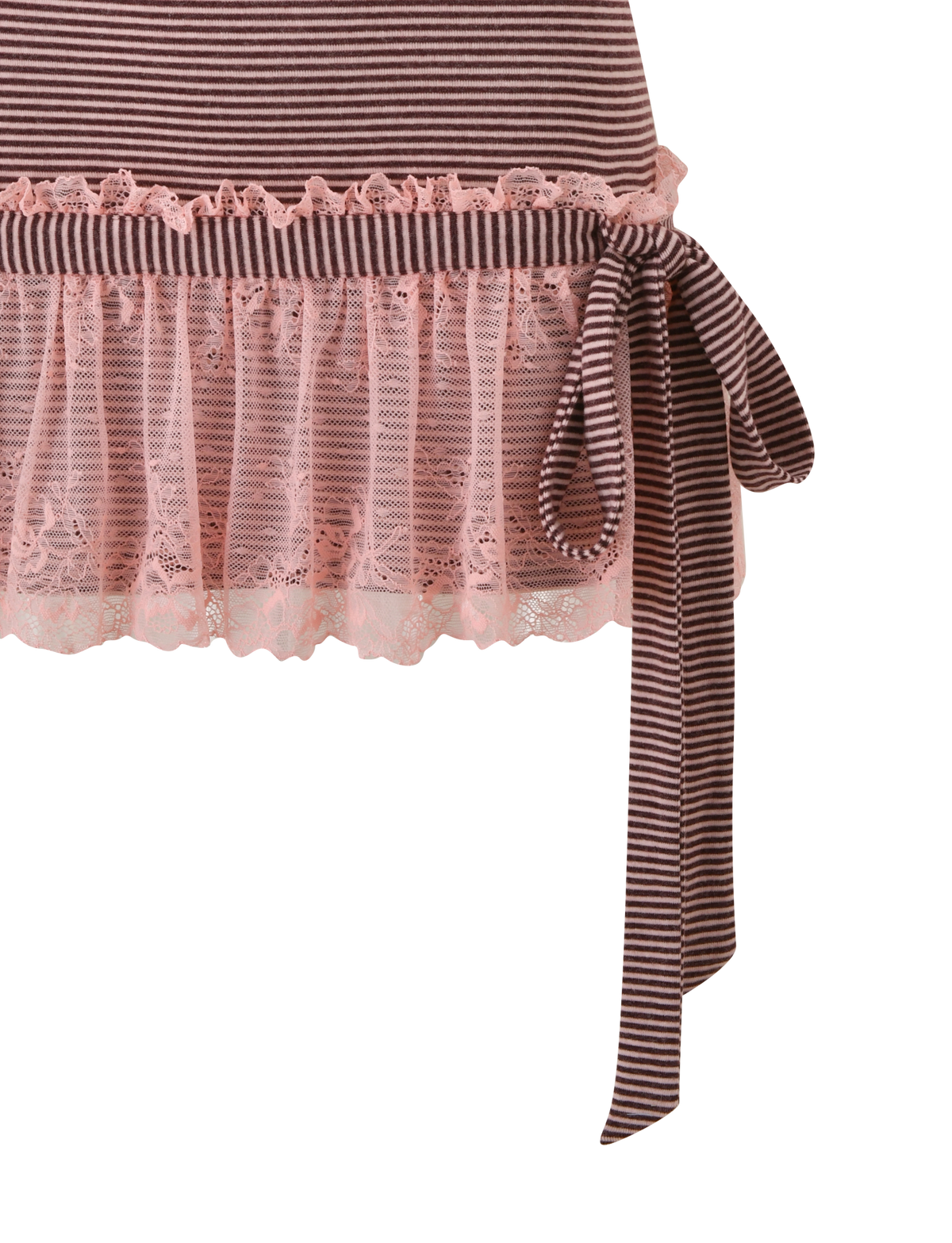 Close-up of the CELIA MINI DRESS in pink and brown by TIGERMIST, featuring scalloped lace with floral accents and a bold striped bow—an ideal choice for adding feminine charm to your summer wardrobe.