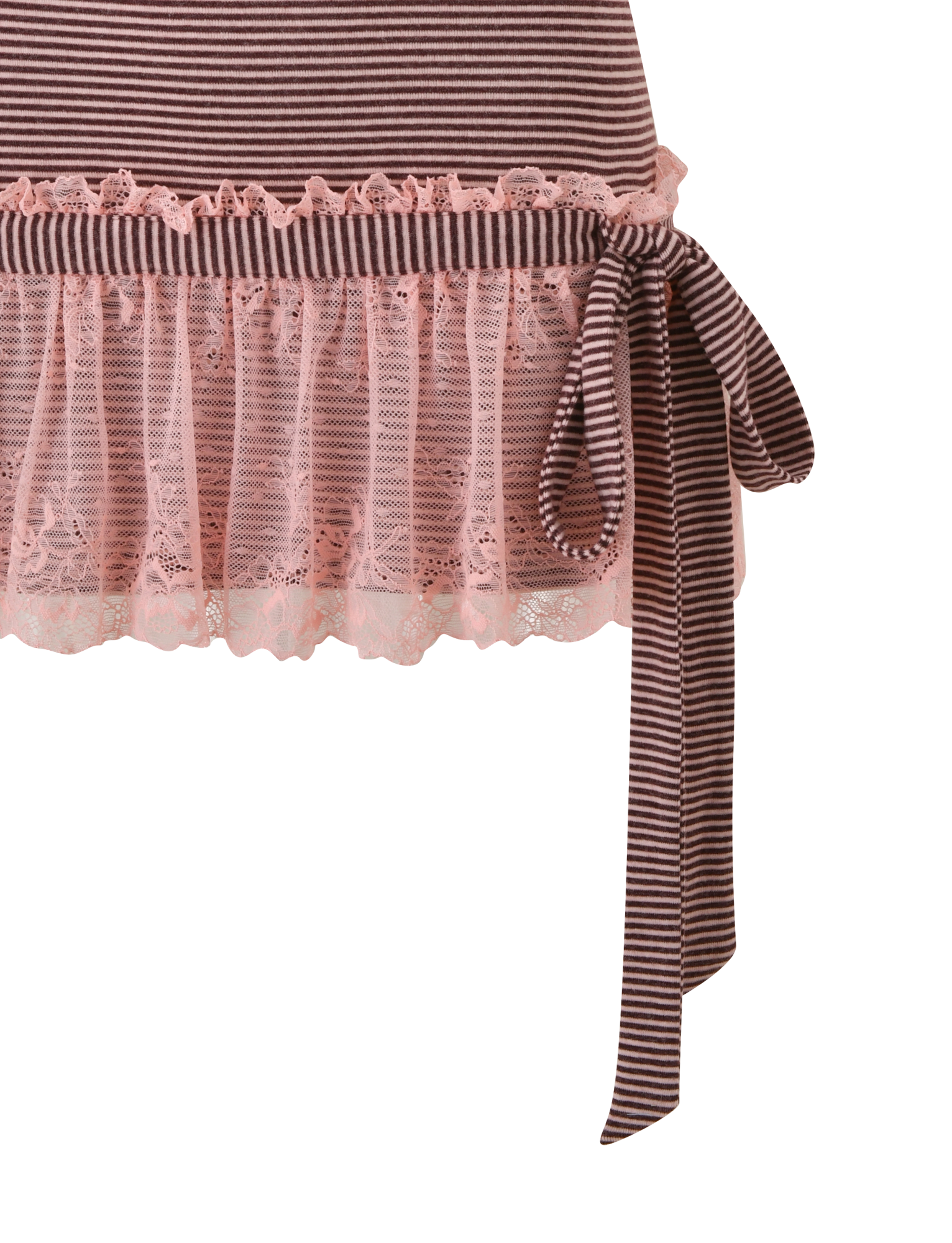 Close-up of the CELIA MINI DRESS in pink and brown by TIGERMIST, featuring scalloped lace with floral accents and a bold striped bow—an ideal choice for adding feminine charm to your summer wardrobe.
