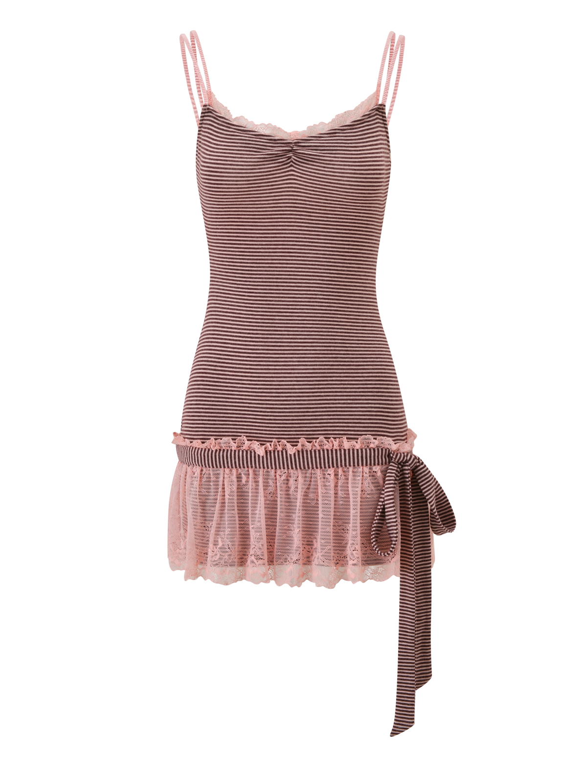 The CELIA MINI DRESS by TIGERMIST features pink and brown stripes, double spaghetti straps, a lace-trimmed neckline, scalloped lace skirt details, and a large hip bow—an ideal summer pick.