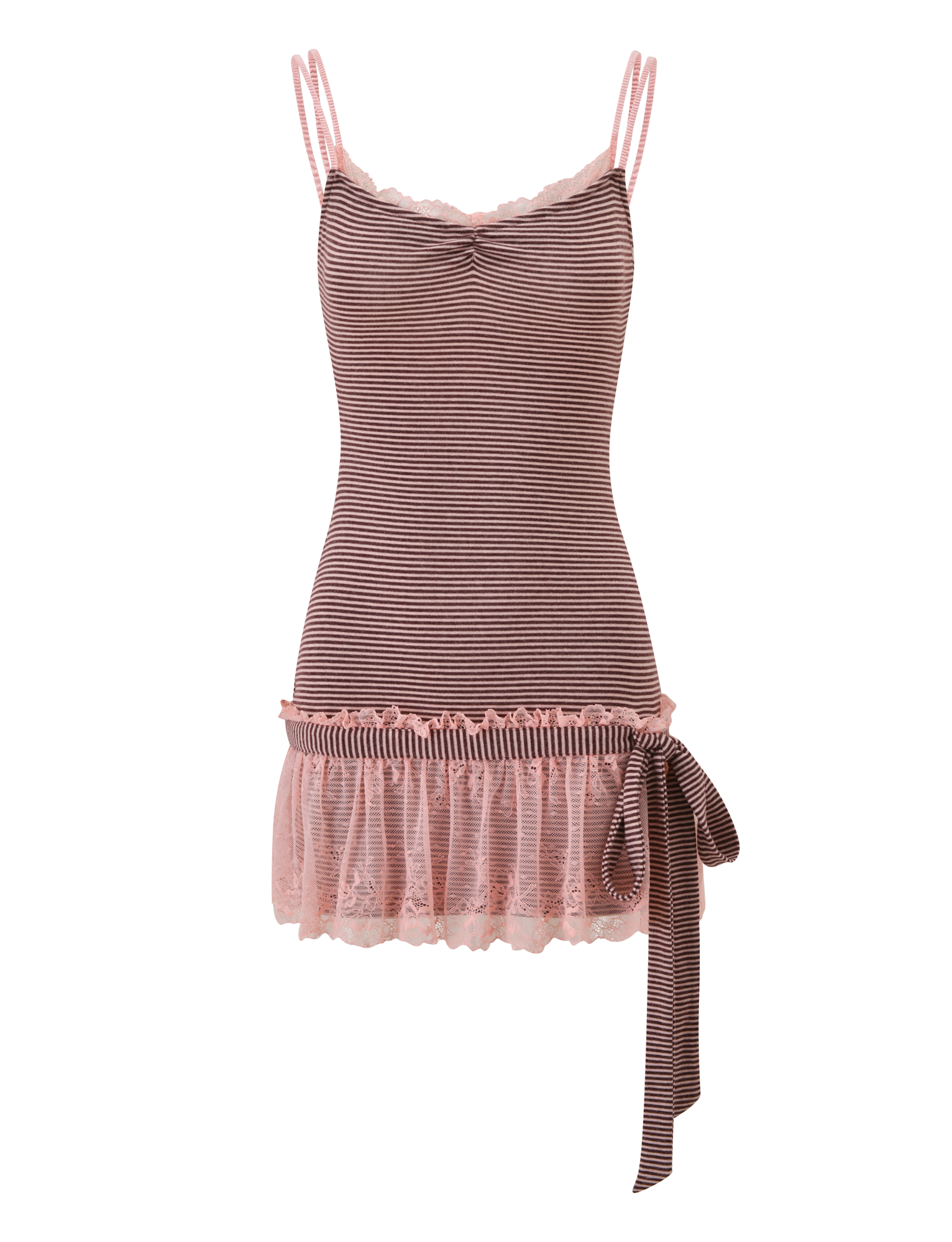 The CELIA MINI DRESS by TIGERMIST features pink and brown stripes, double spaghetti straps, a lace-trimmed neckline, scalloped lace skirt details, and a large hip bow—an ideal summer pick.