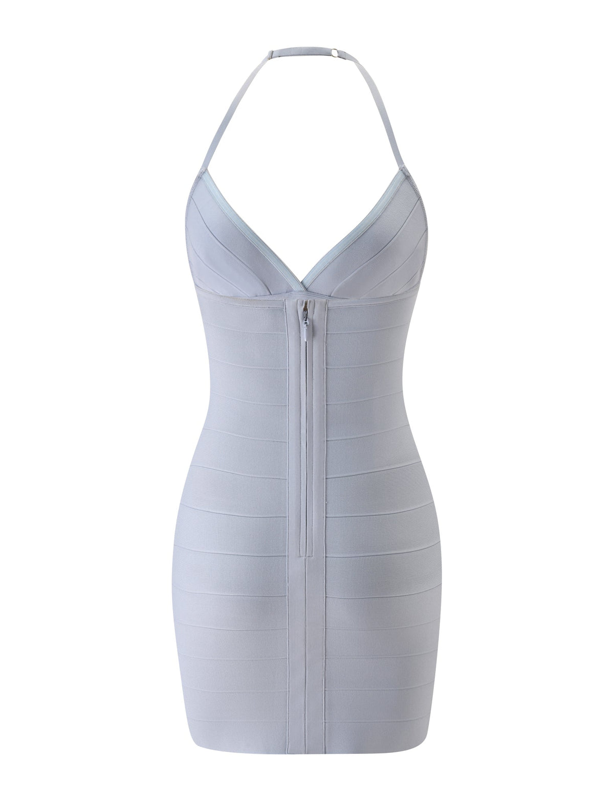TIGERMIST DALIA BANDAGE MINI DRESS - DOVE GREY featuring a halter neckline, a center front zipper, and a fitted bodycon silhouette.