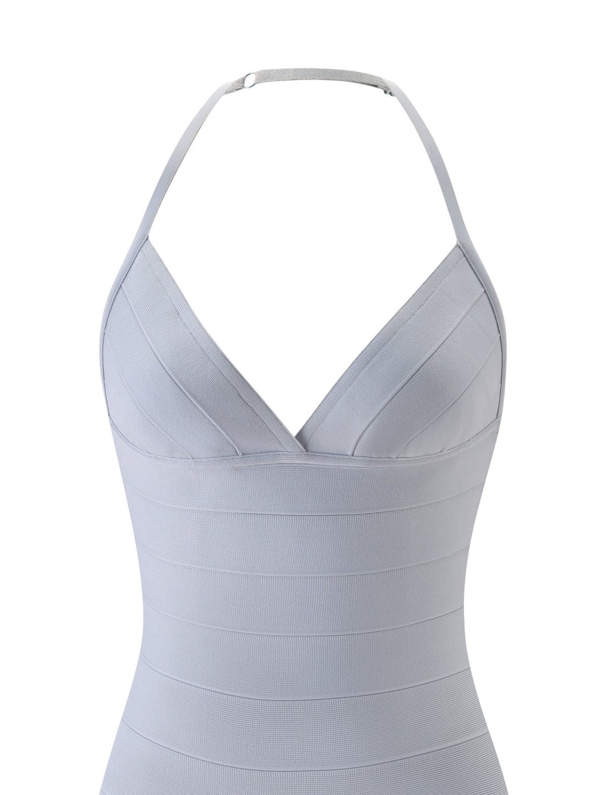 Dove Grey DALIA BANDAGE MINI DRESS with a V-neckline and halter neck strap.