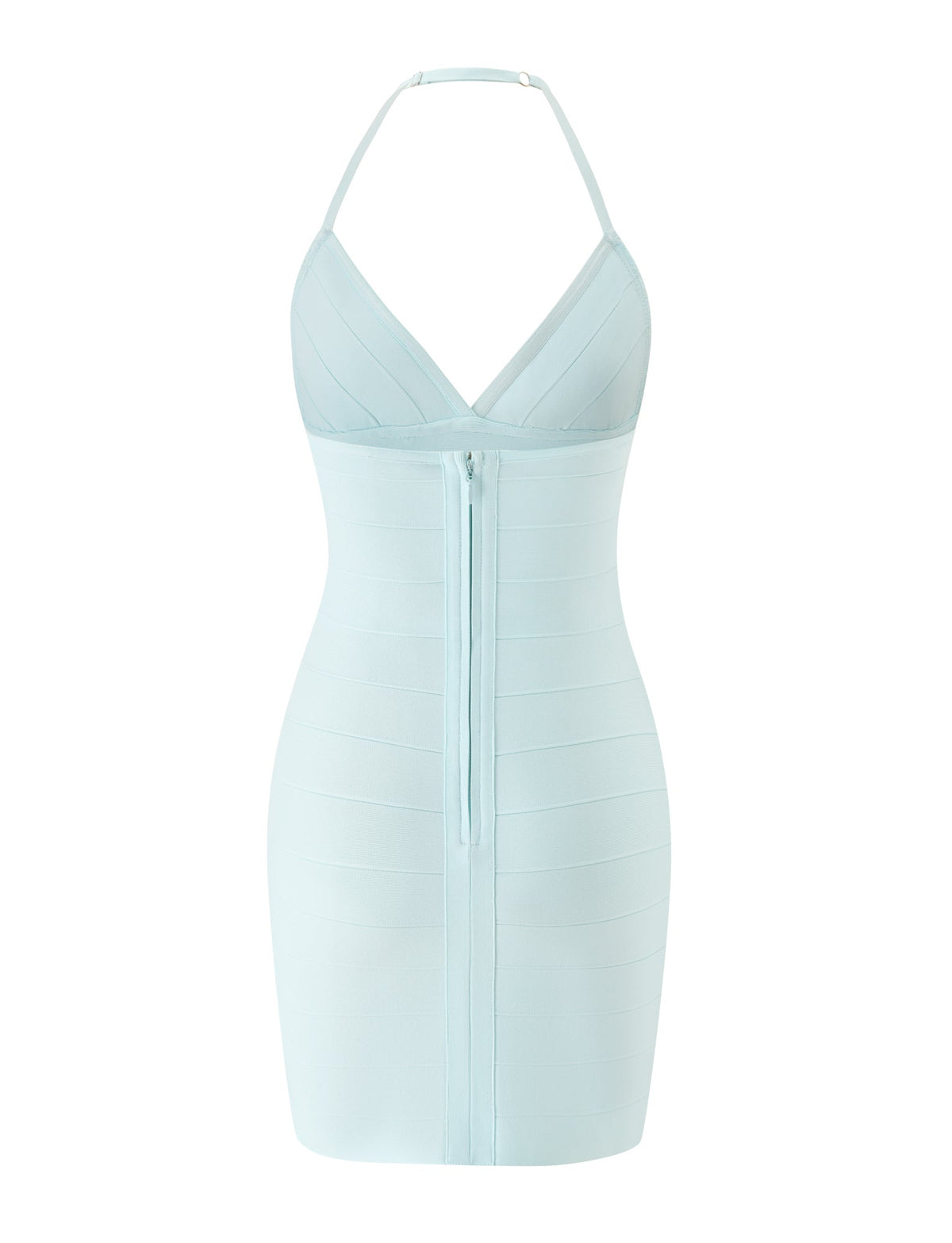 The DALIA BANDAGE MINI DRESS by TIGERMIST, shown in mint blue against a white background, features a sleeveless bodycon silhouette with a halter neck, deep V neckline, vertical front zipper, and signature bandage-style paneling—making it the perfect choice for your next beach club outing.