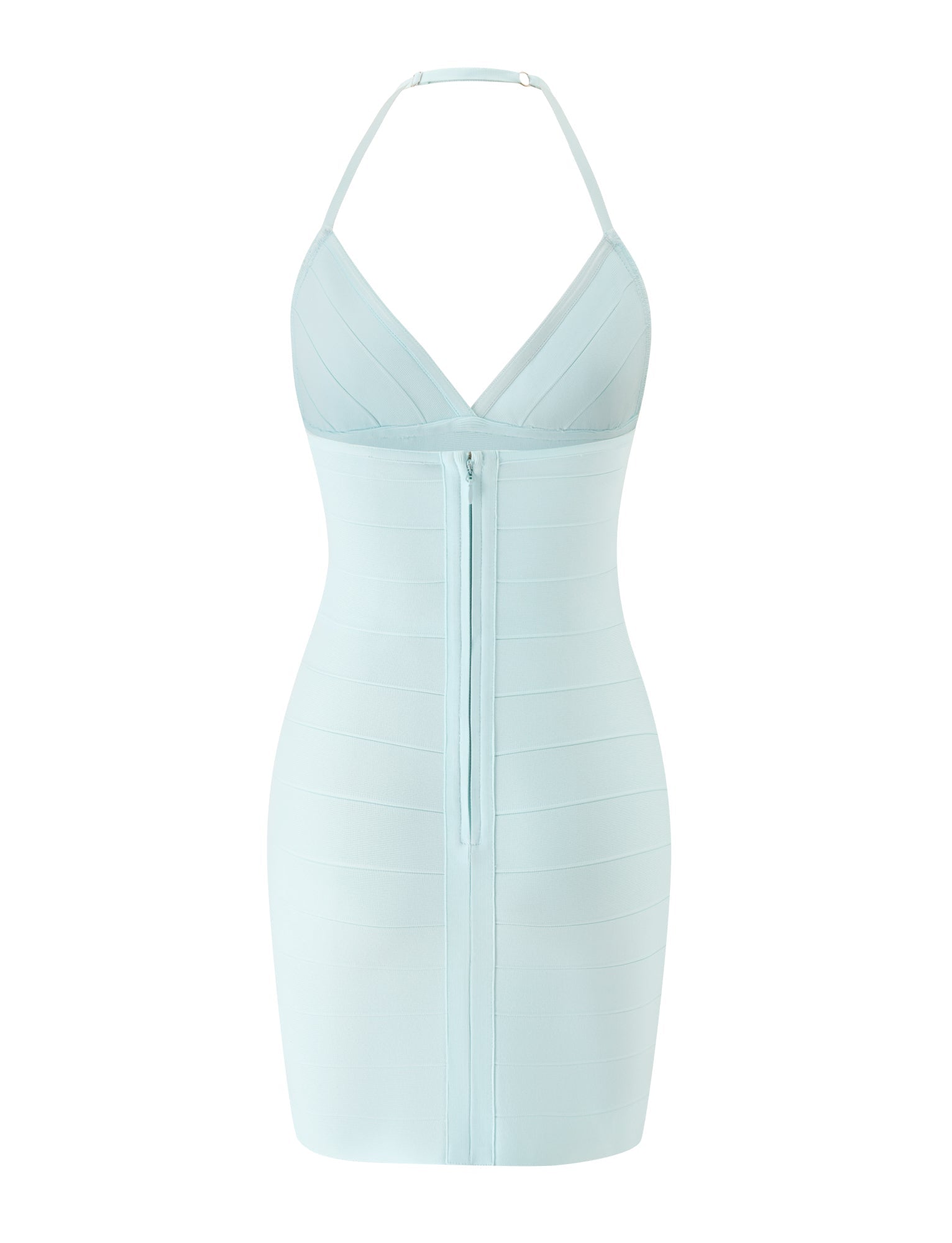 The DALIA BANDAGE MINI DRESS by TIGERMIST, shown in mint blue against a white background, features a sleeveless bodycon silhouette with a halter neck, deep V neckline, vertical front zipper, and signature bandage-style paneling—making it the perfect choice for your next beach club outing.