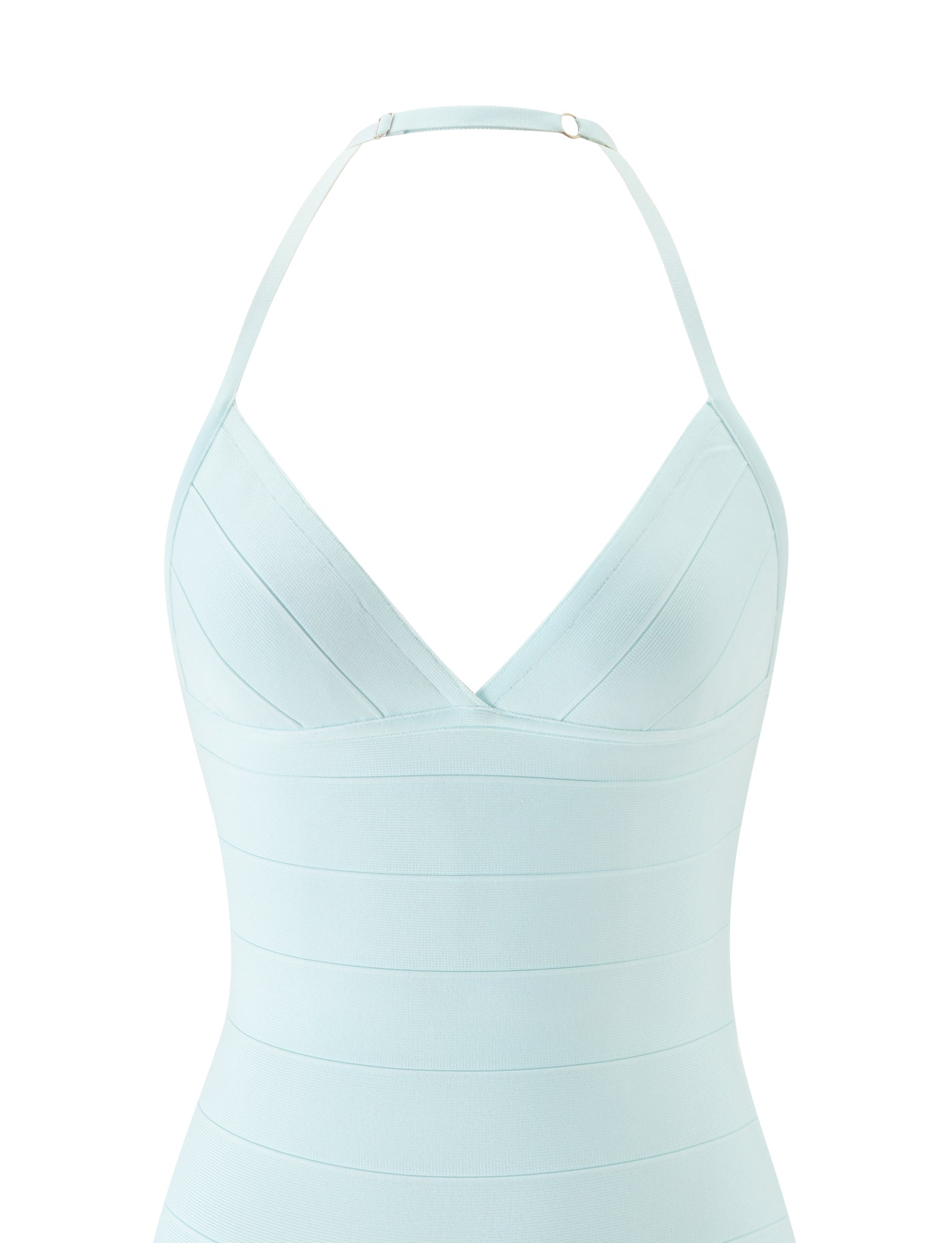 The DALIA BANDAGE MINI DRESS by TIGERMIST features a light mint blue hue and a sleeveless halter-neck design with a deep V neckline and horizontal banded detailing. With its adjustable neck strap and figure-hugging silhouette, this dress is the perfect choice for your next beach club outing.