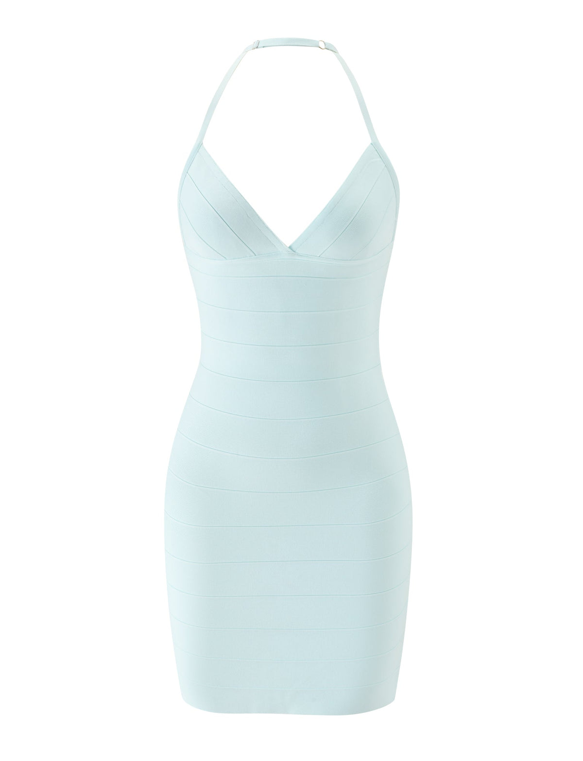 The DALIA BANDAGE MINI DRESS by TIGERMIST is a mint blue, sleeveless mini dress featuring a halter neckline and a V-shaped bust. Designed in a fitted, bandage style that sits above the knee, this dress is perfect for the beach club. It features a clean look with no additional decorations or patterns.