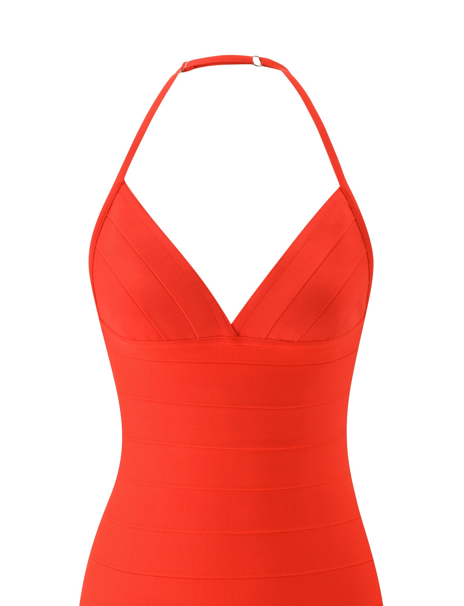 A vibrant tomato-red DALIA BANDAGE MINI DRESS by TIGERMIST, featuring a halter neckline, deep V-cut, and banded detailing inspired by bold Euro summer trends, shown against a white background.