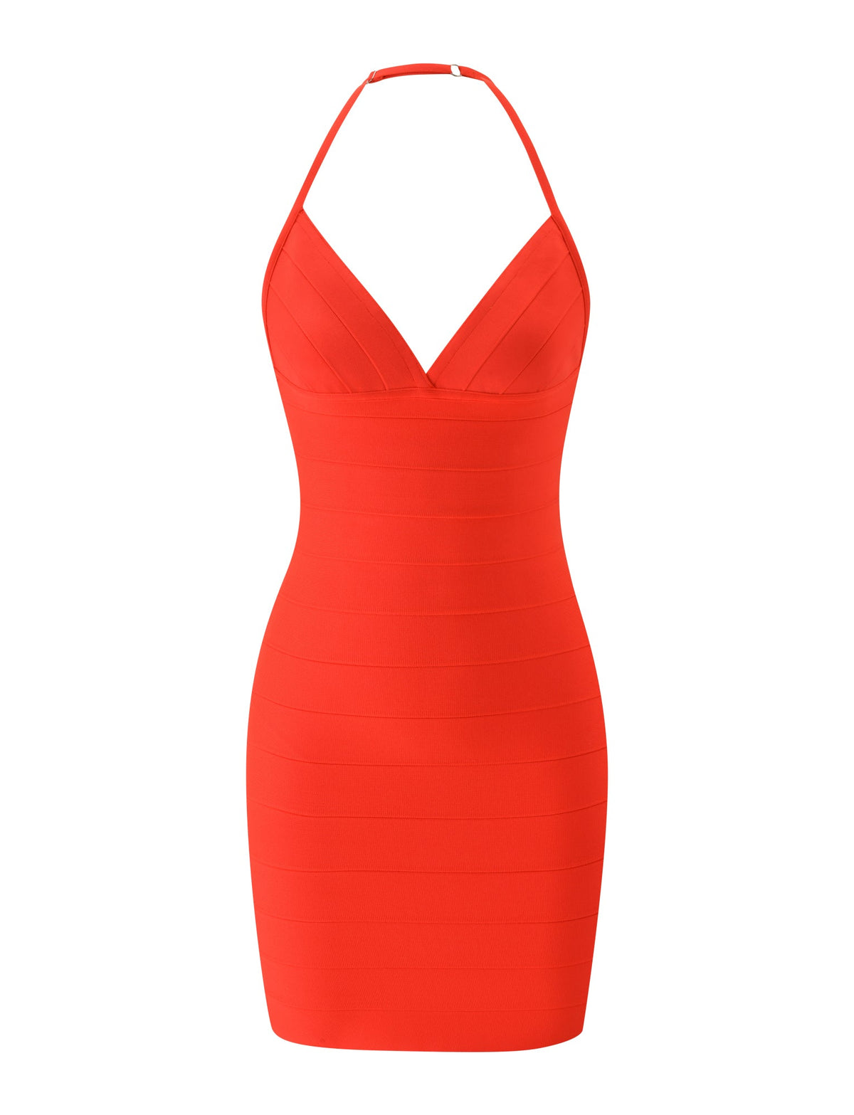 A sleeveless, fitted DALIA BANDAGE MINI DRESS in Tomato by TIGERMIST, featuring a halter neckline and a plunging V-shaped front, displayed against a plain white background—the perfect statement piece for your Euro summer wardrobe.