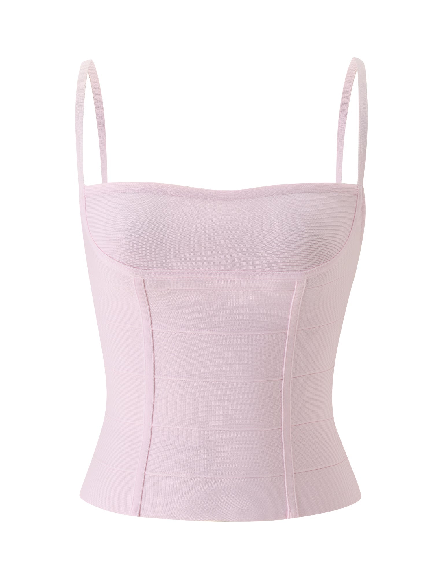 TAHNIA BANDAGE TOP - BALLET PINK by TIGERMIST, a light baby pink fitted camisole featuring thin spaghetti straps, corset-style structured seams, and a subtly flared hem, showcased against a white background.
