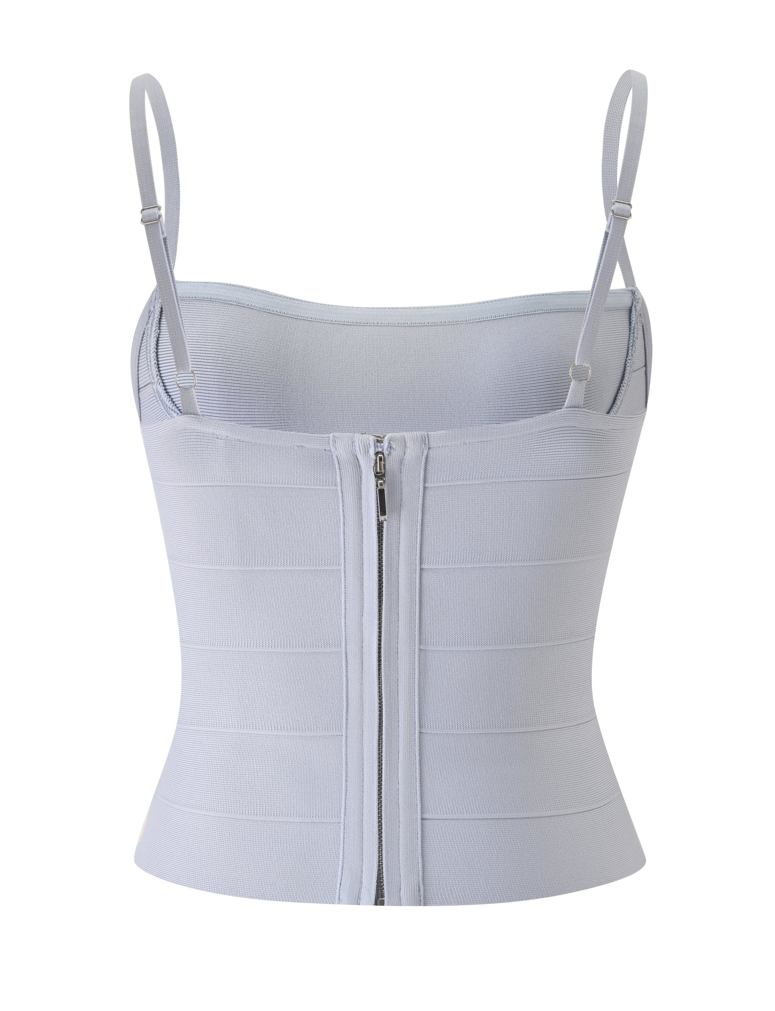 The TAHNIA BANDAGE TOP by TIGERMIST in dove grey features a fitted, sleeveless silhouette with adjustable spaghetti straps and a visible back zipper, displayed against a plain white background.