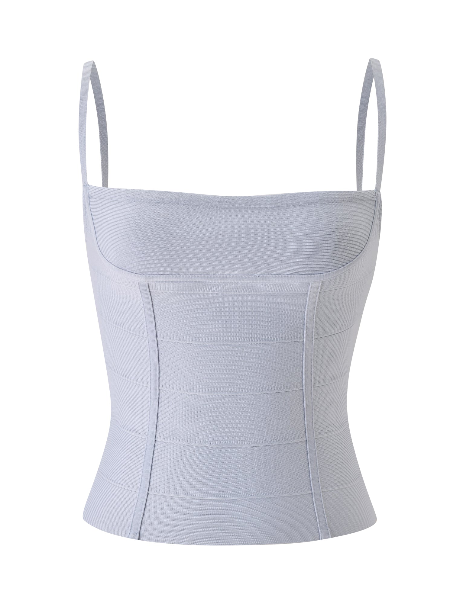 The TAHNIA BANDAGE TOP by TIGERMIST in dove grey features a sleeveless, fitted corset-style silhouette with thin shoulder straps, structured vertical paneling, and a square neckline for a minimalist, modern aesthetic.