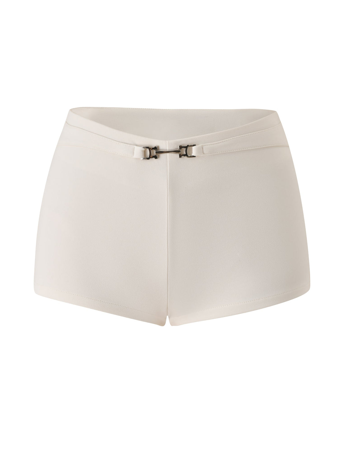 Introducing the KITTIE BUCKLE SHORT - CREAM by TIGERMIST: these high-waisted women's shorts are crafted from premium stretch suiting fabric in an off-white hue, featuring a double-belt detail with metal buckles at the waist. Inspired by our signature Kittie Buckle Pant, these cream mini shorts offer a sleek, minimalist design and a flattering fitted silhouette.