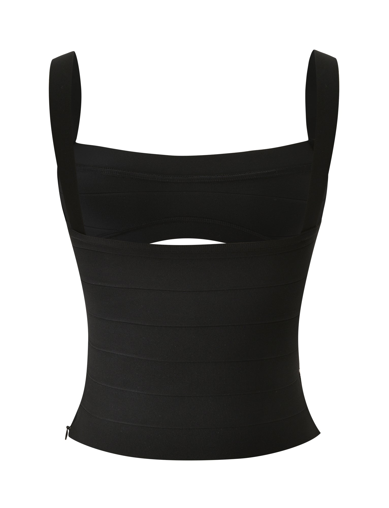 Introducing the LIEL BANDAGE TOP in BLACK by TIGERMIST: a fitted, sleeveless crop top crafted from sculpting bandage material for a bodycon silhouette. Featuring wide shoulder straps, a horizontal ribbed pattern, and a small oval cutout at the upper back.